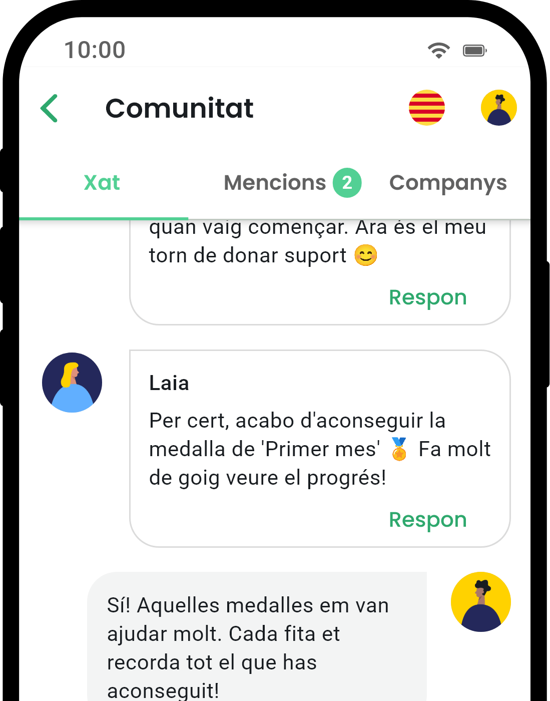 QuitNow app community screen showing user support