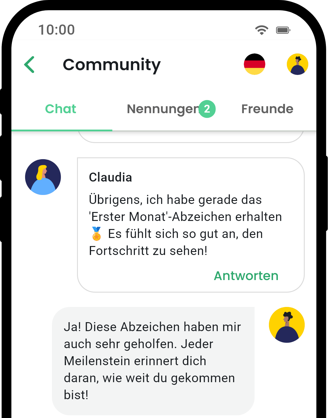 QuitNow App Community-Bildschirm zeigt Benutzerunterstützung