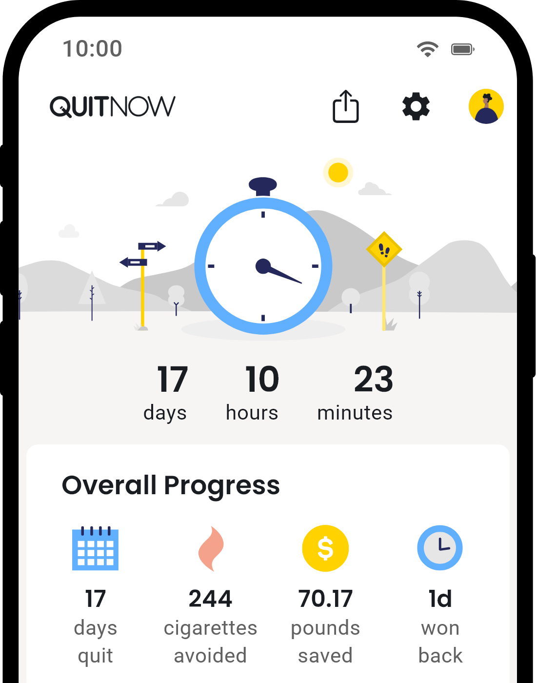 QuitNow app home screen showing quit smoking progress