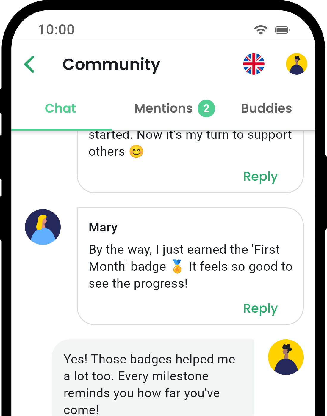 QuitNow app community screen showing user support