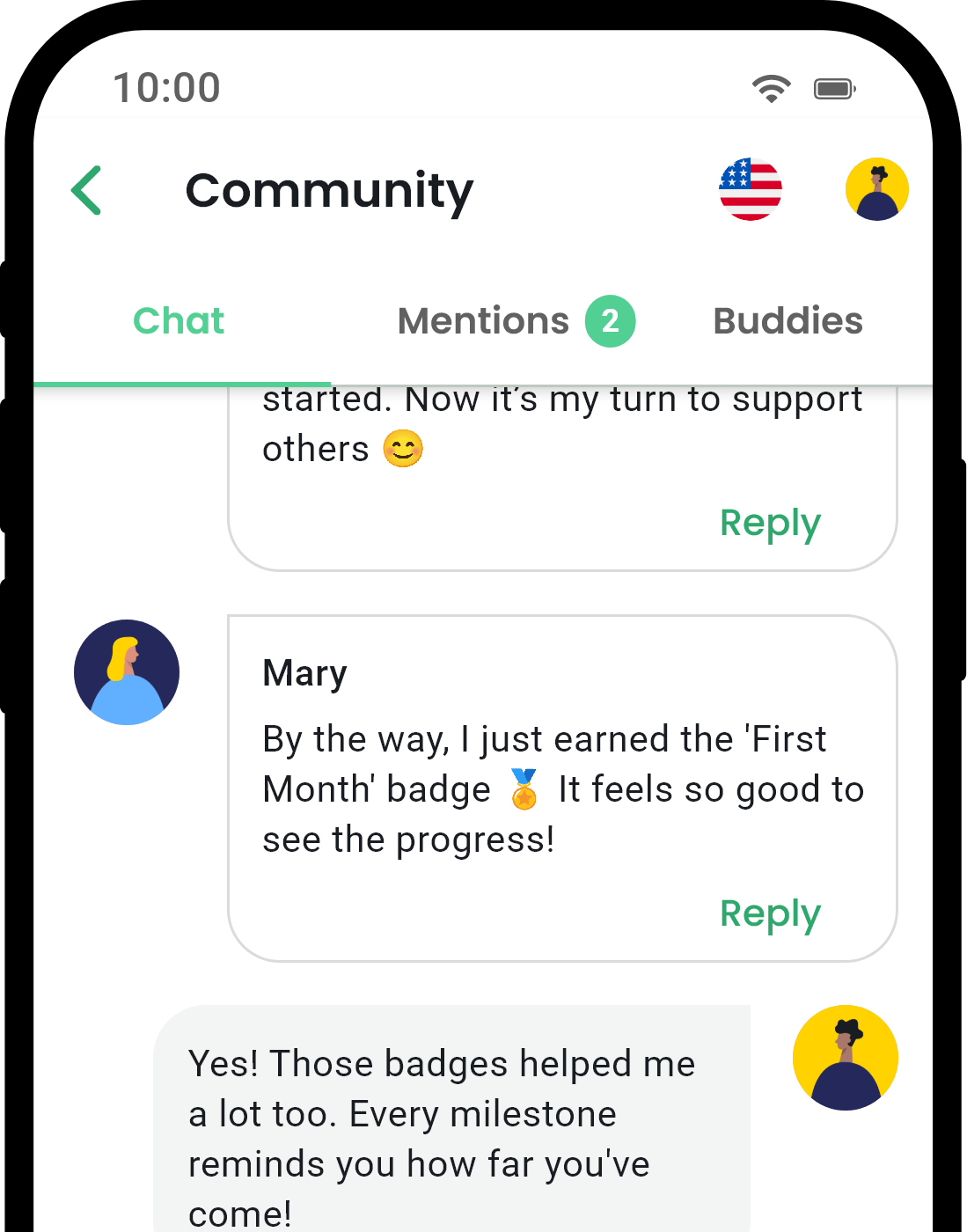 QuitNow app community screen showing user support