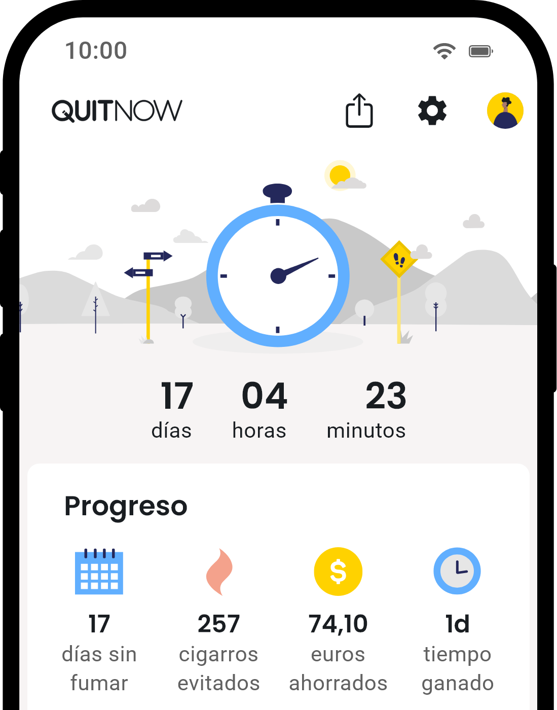 Pantalla de inicio de la aplicación QuitNow mostrando el progreso para dejar de fumar