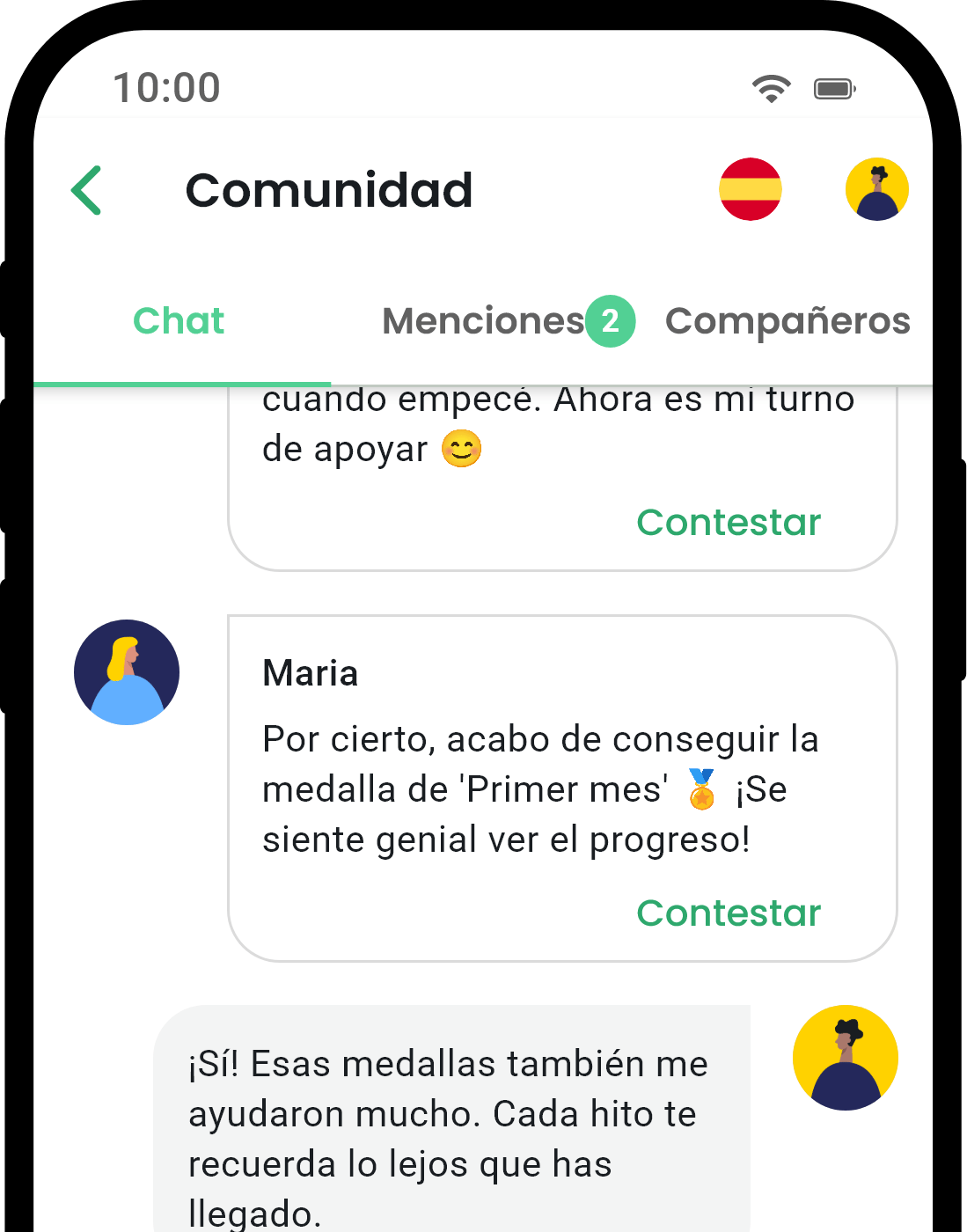Pantalla de comunidad de la aplicación QuitNow mostrando apoyo de usuarios