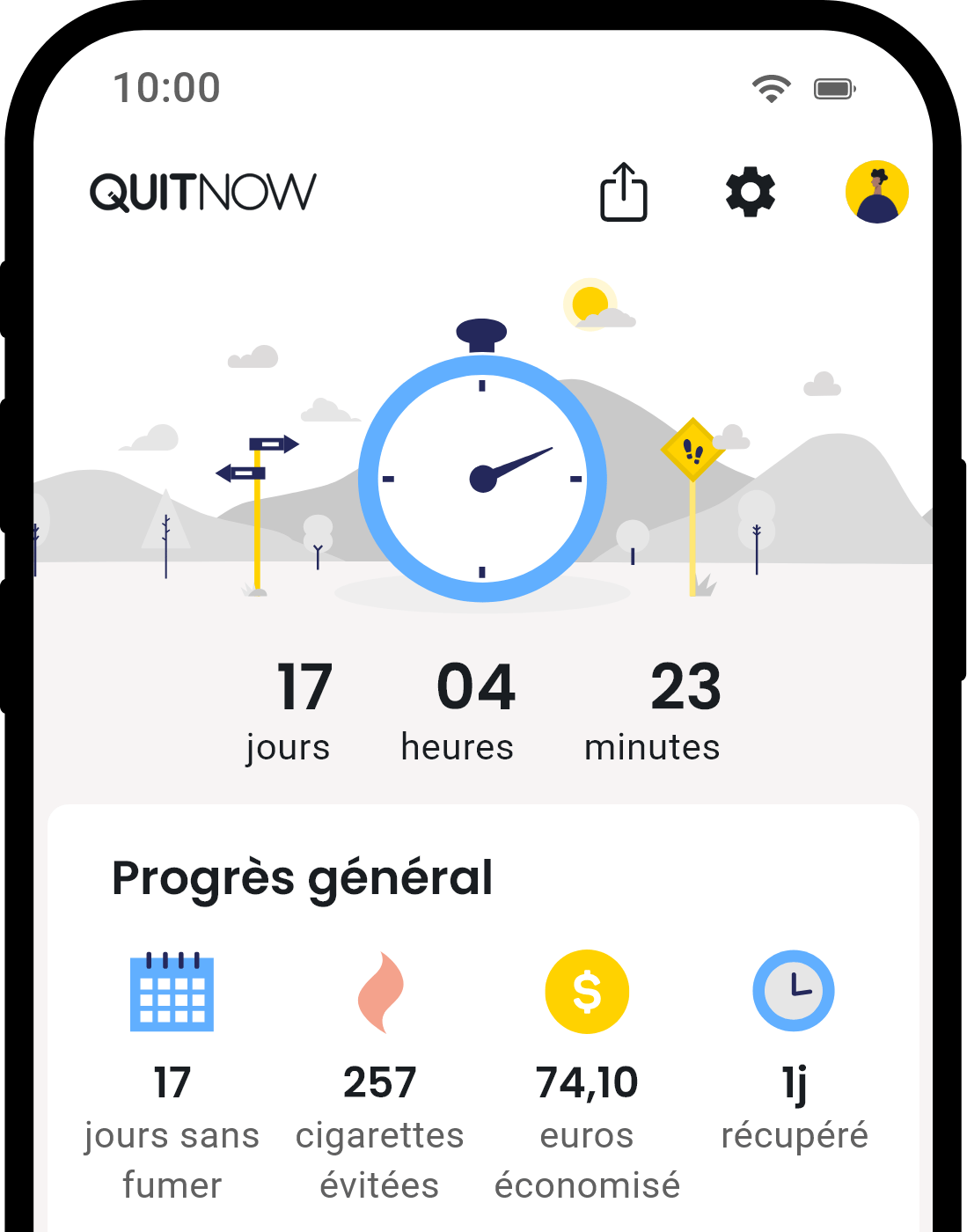 Écran d'accueil de l'application QuitNow montrant les progrès pour arrêter de fumer