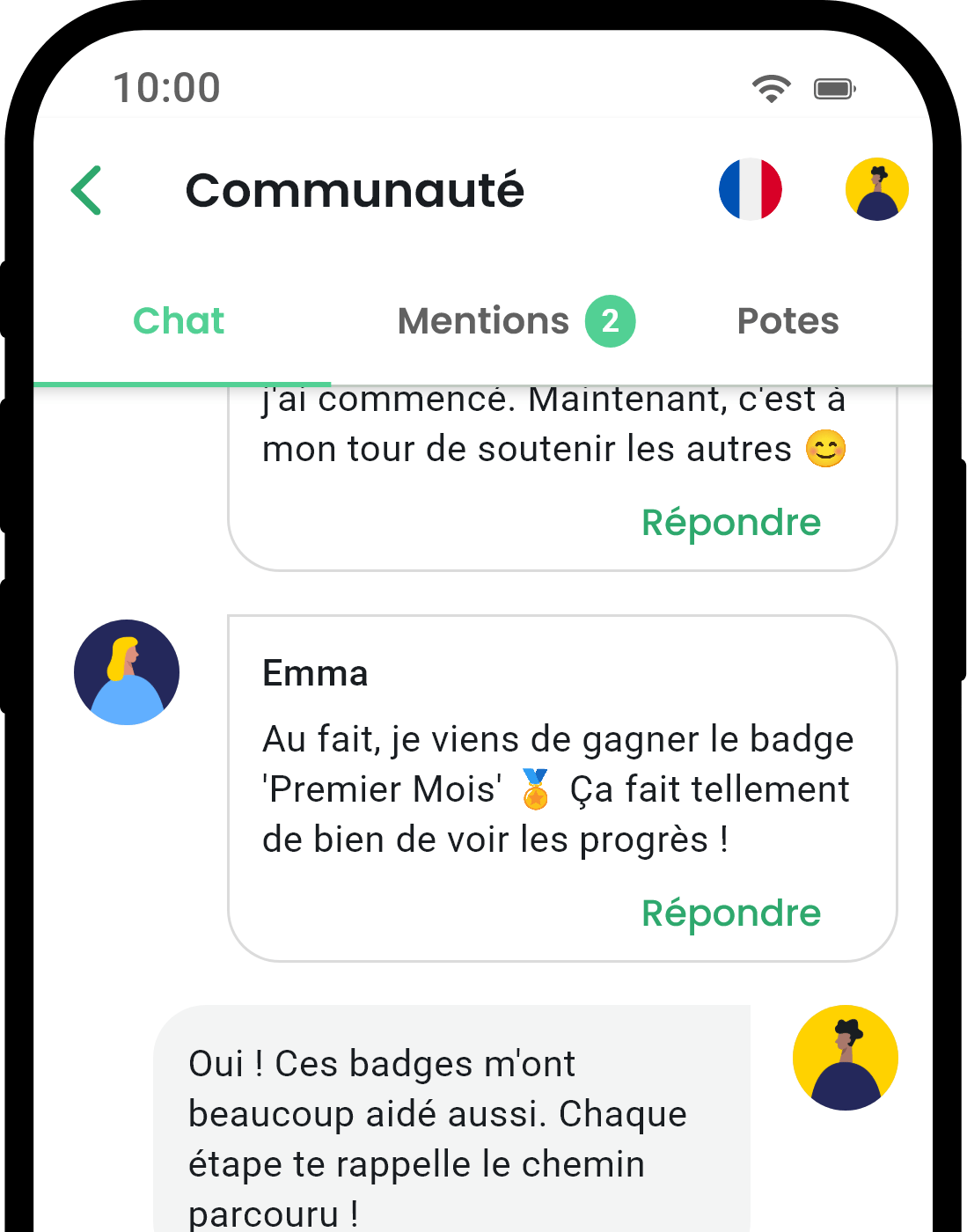 Écran de communauté de l'application QuitNow montrant le soutien des utilisateurs
