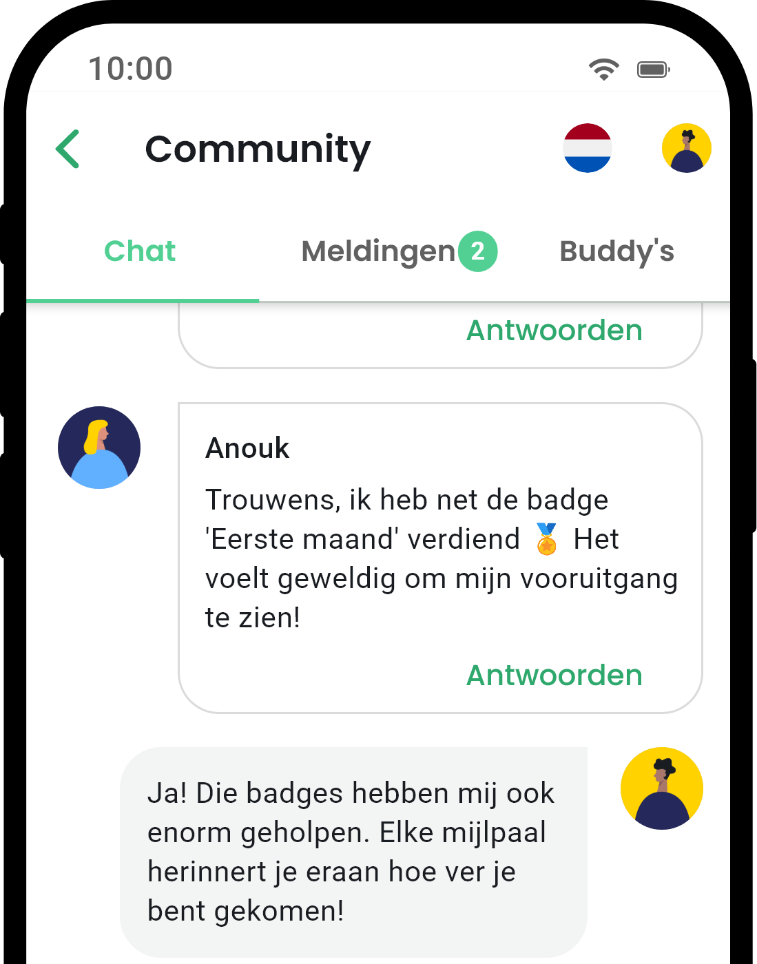 QuitNow app community screen showing user support