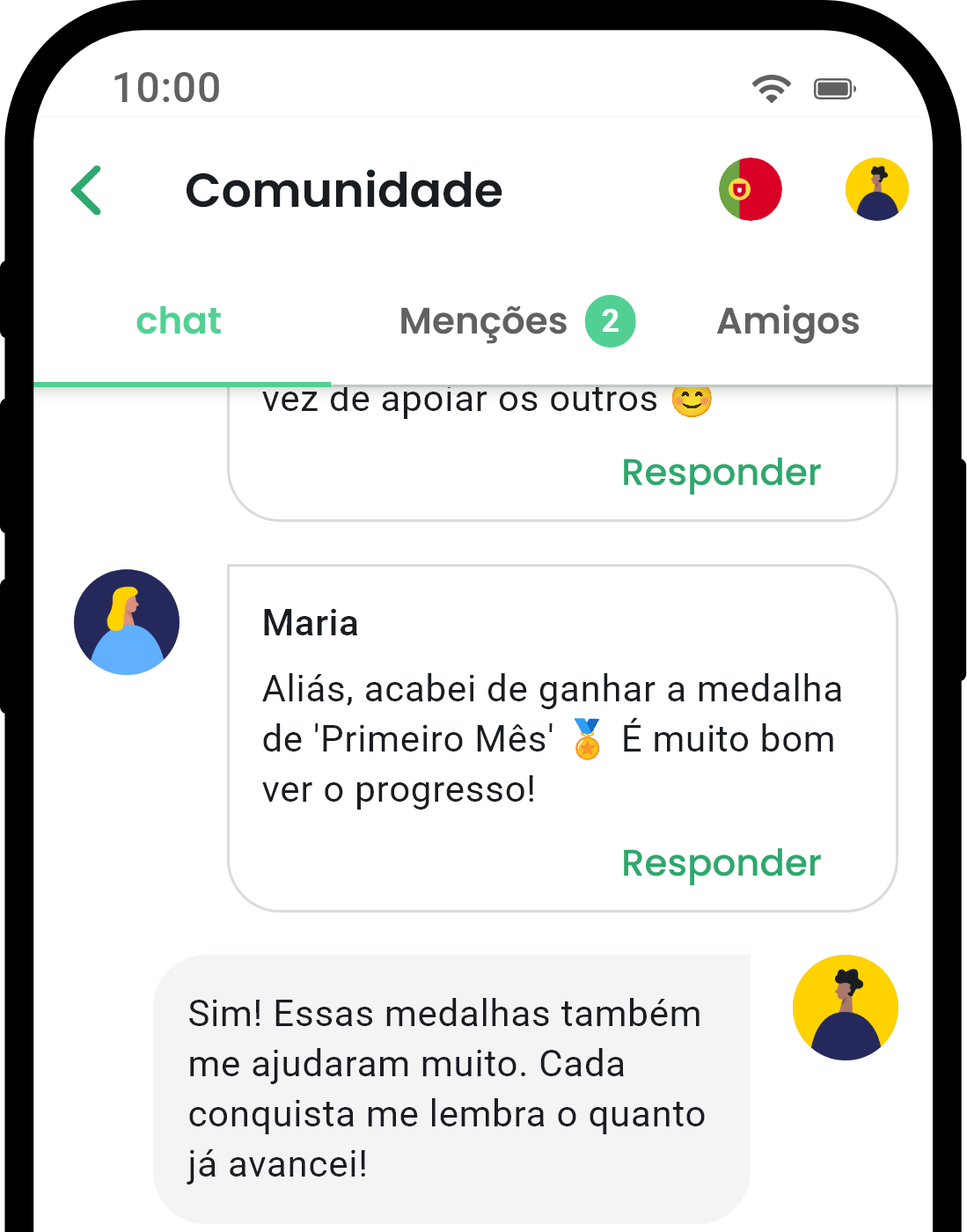 Tela de comunidade do aplicativo QuitNow mostrando suporte do usuário