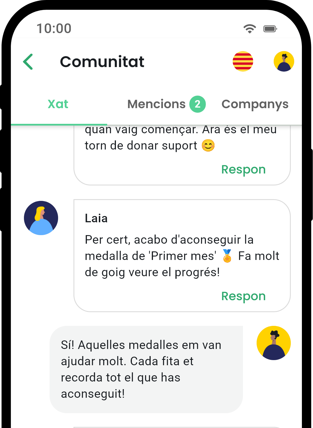 QuitNow app community screen showing user support