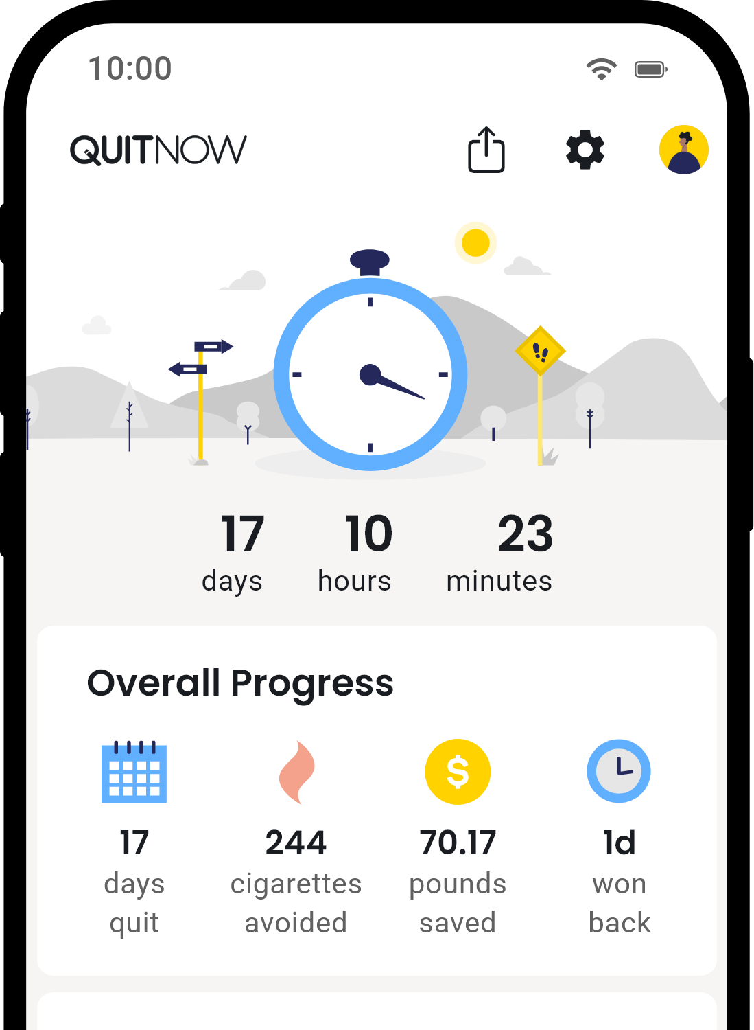 QuitNow app home screen showing quit smoking progress