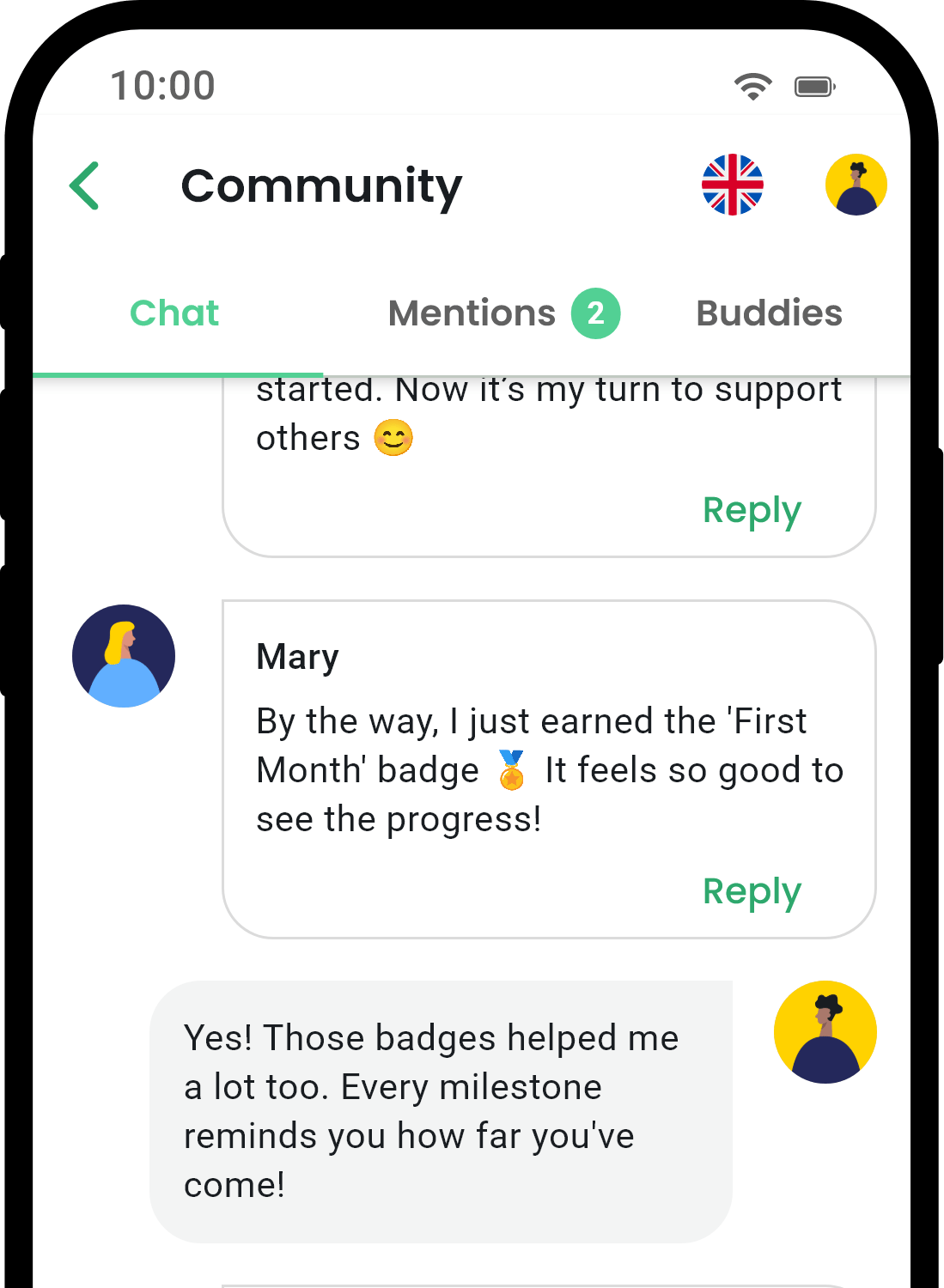QuitNow app community screen showing user support
