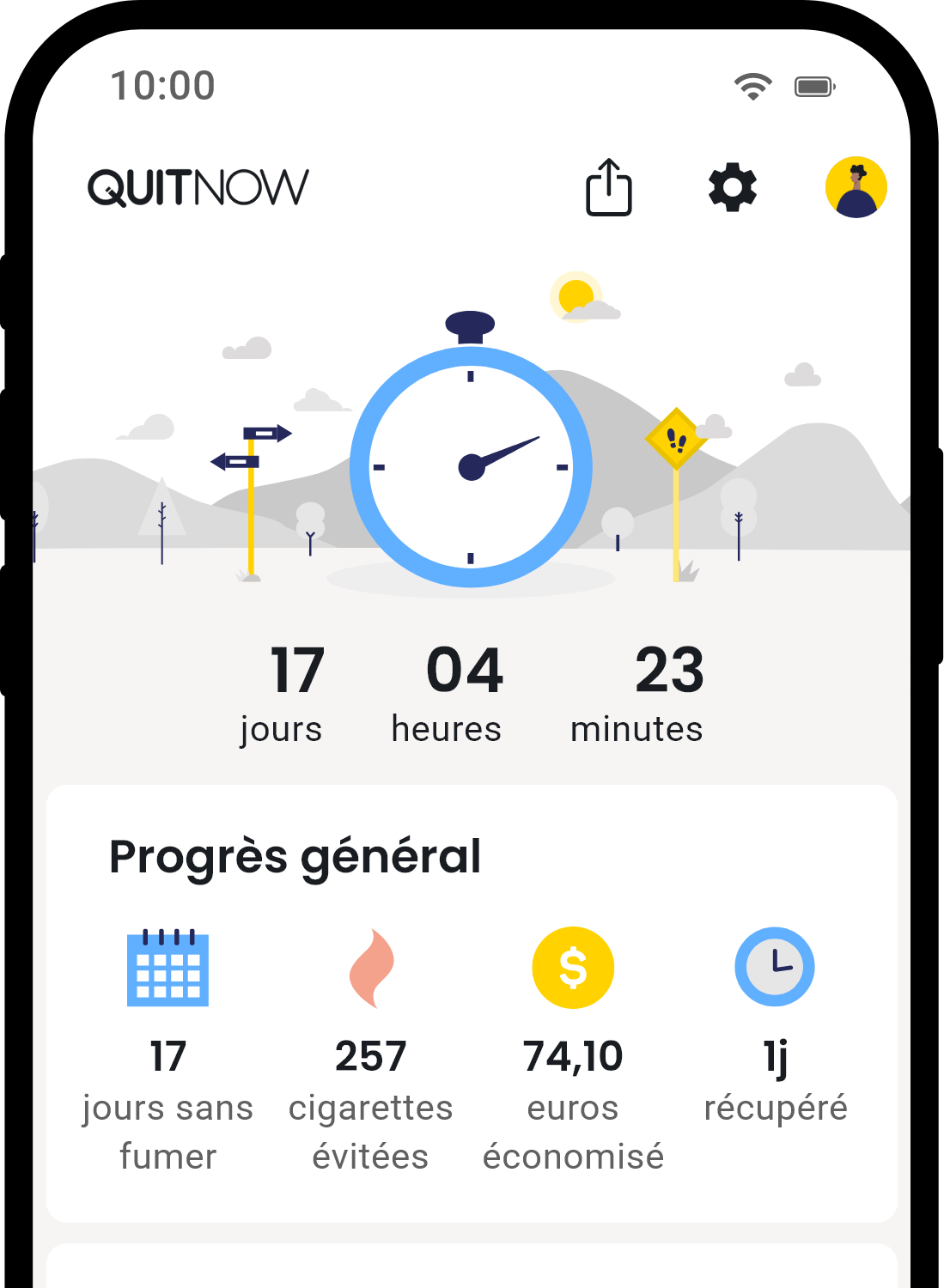 Écran d'accueil de l'application QuitNow montrant les progrès pour arrêter de fumer