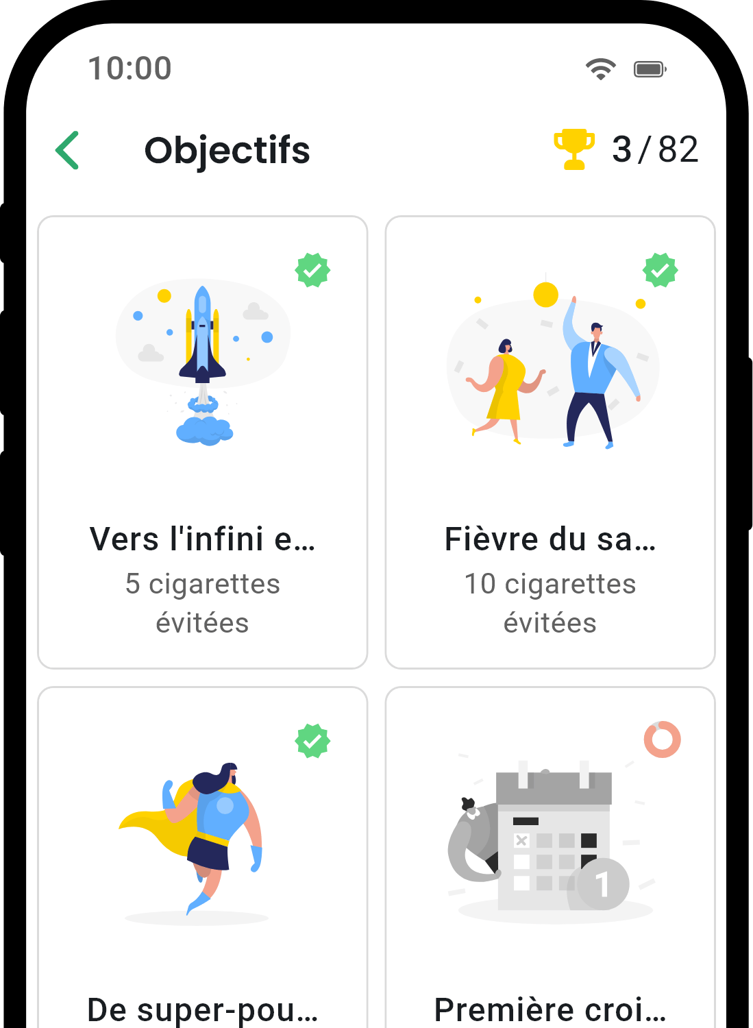 Écran des réalisations de l'application QuitNow montrant les progrès de l'utilisateur