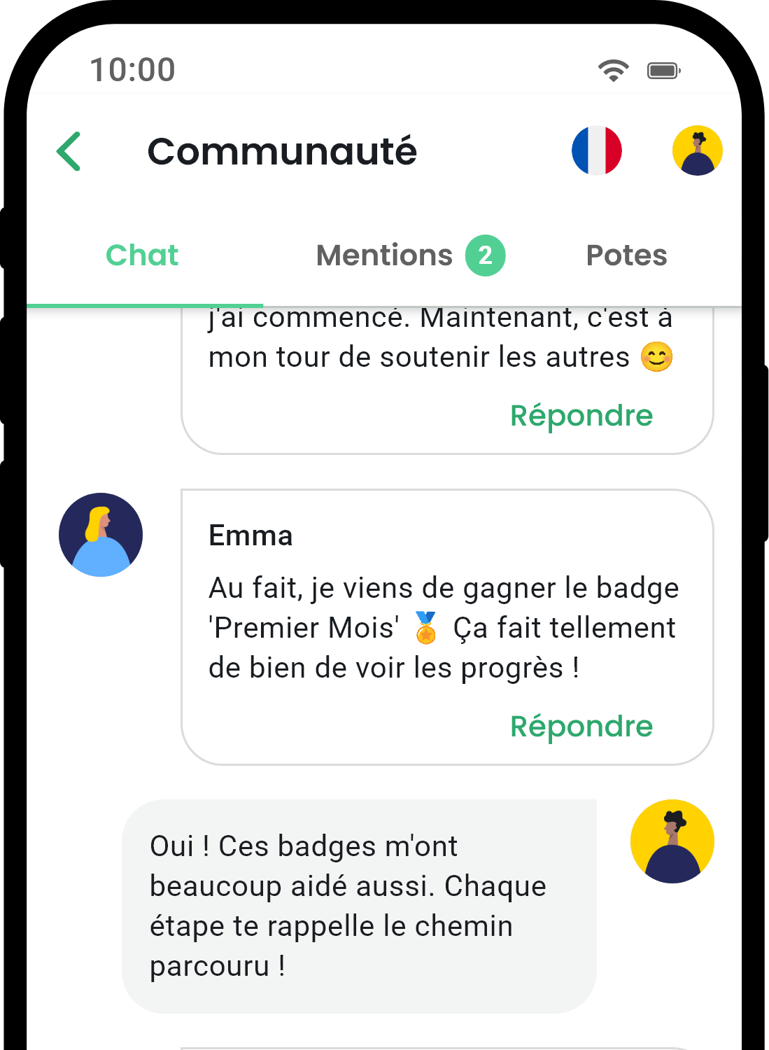 Écran de communauté de l'application QuitNow montrant le soutien des utilisateurs