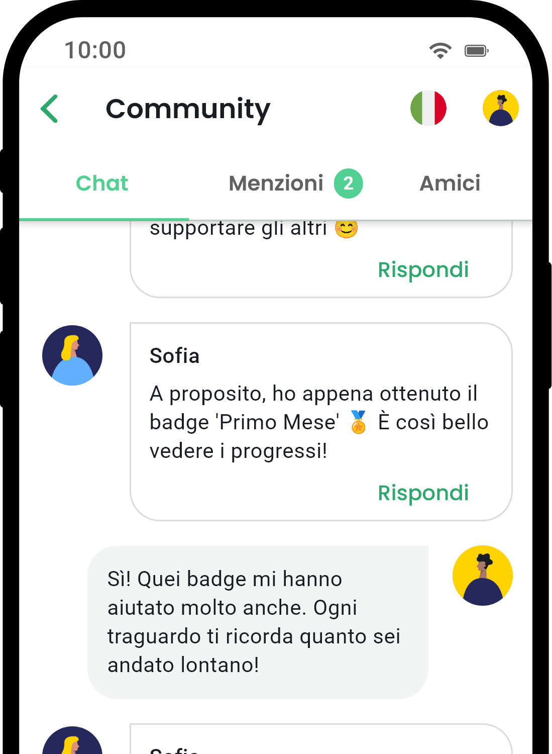 QuitNow app community screen showing user support