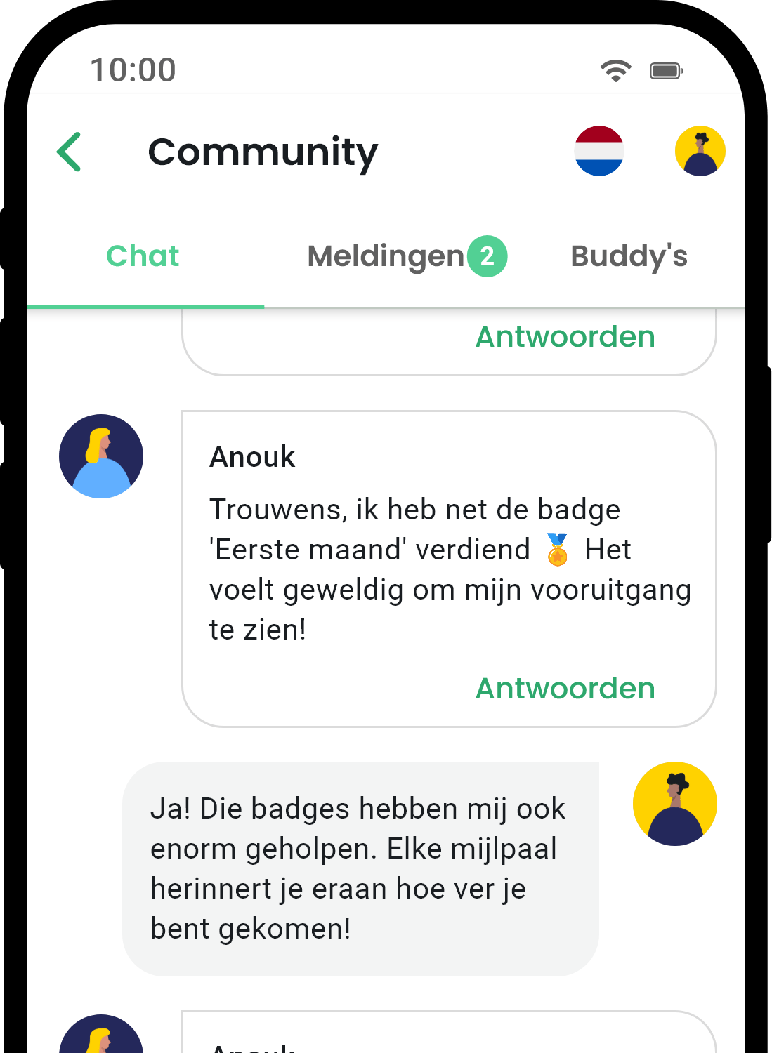 QuitNow app community screen showing user support