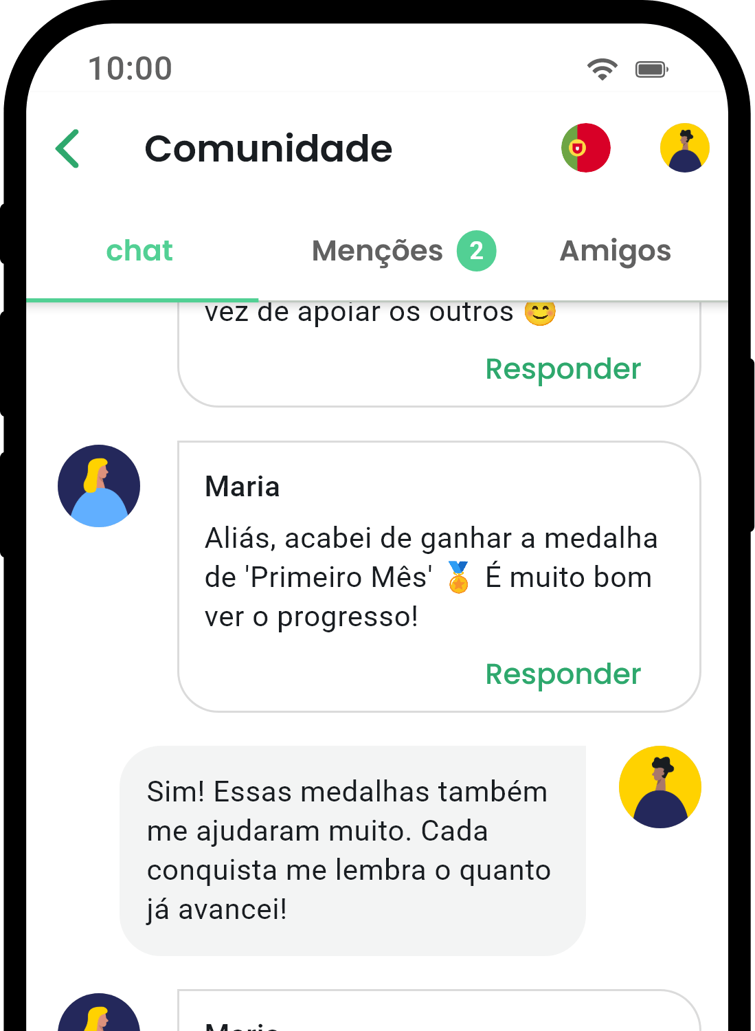 Tela de comunidade do aplicativo QuitNow mostrando suporte do usuário