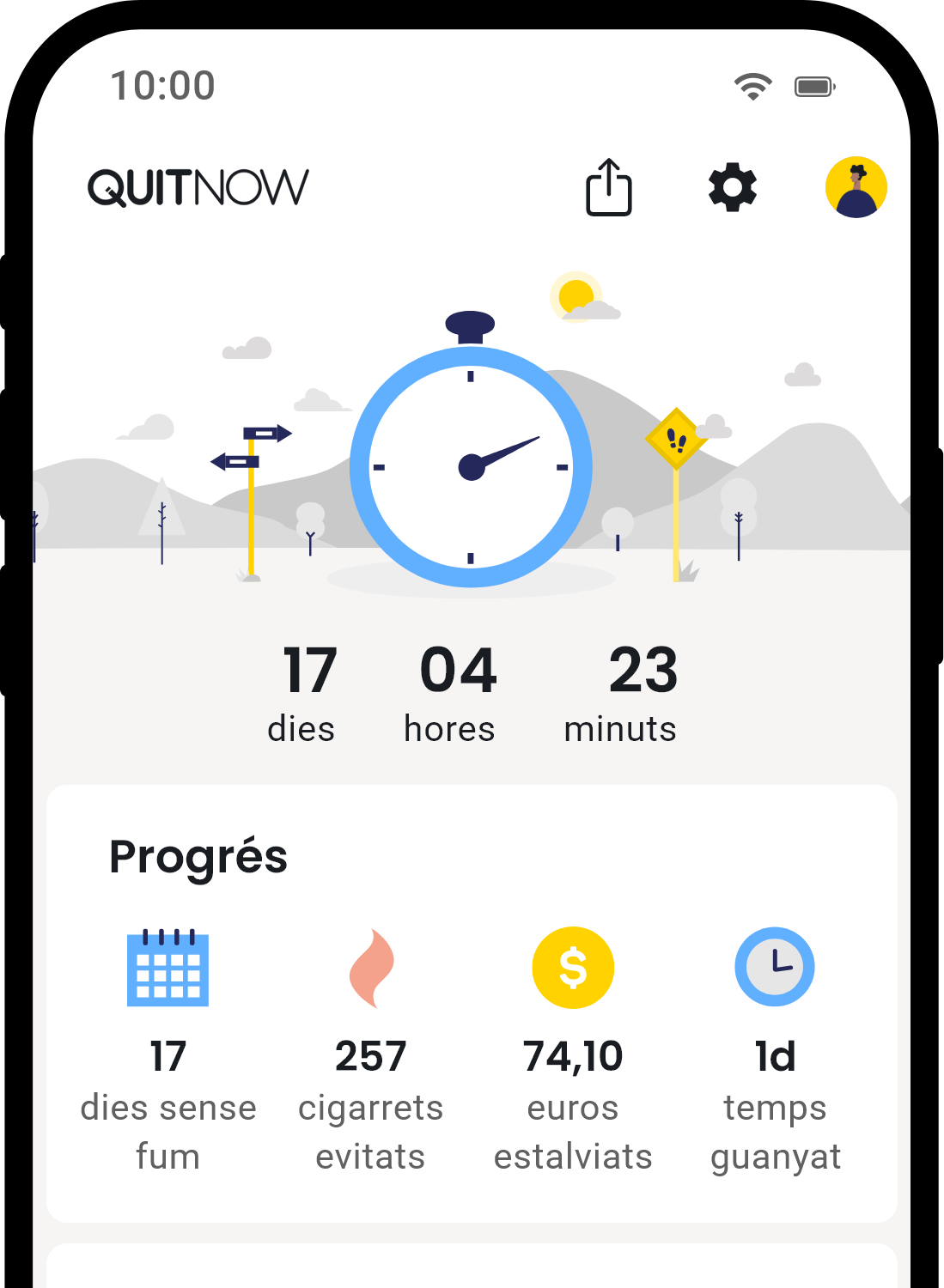 QuitNow app home screen showing quit smoking progress