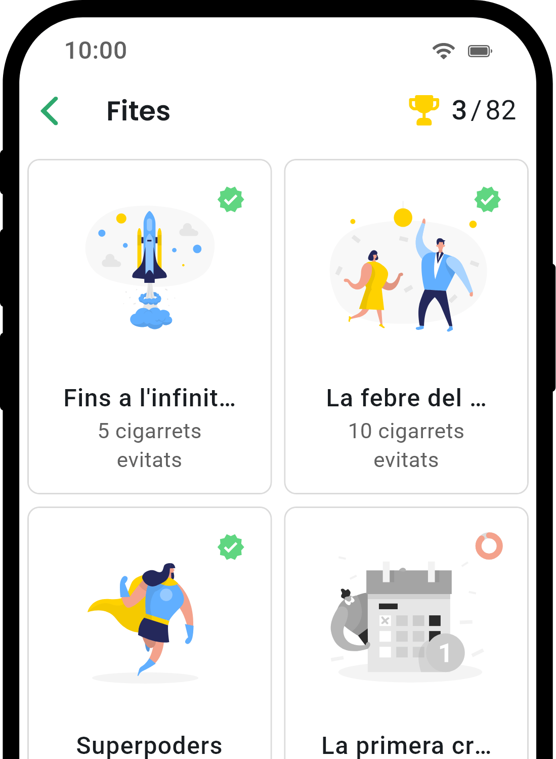 QuitNow app achievements screen showing user progress