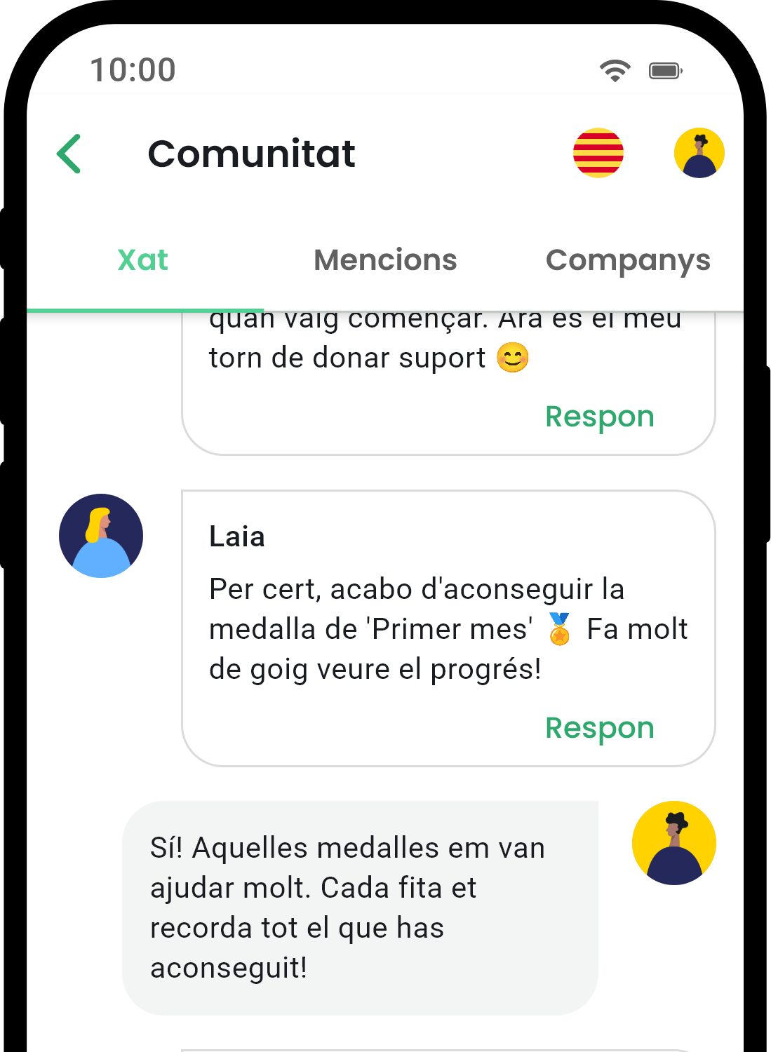 QuitNow app community screen showing user support