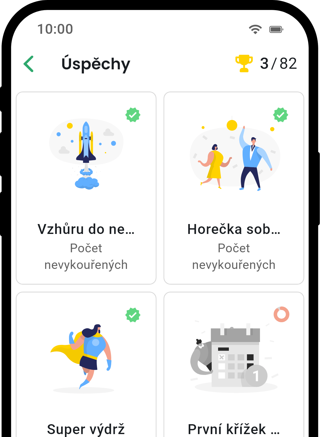 QuitNow app achievements screen showing user progress