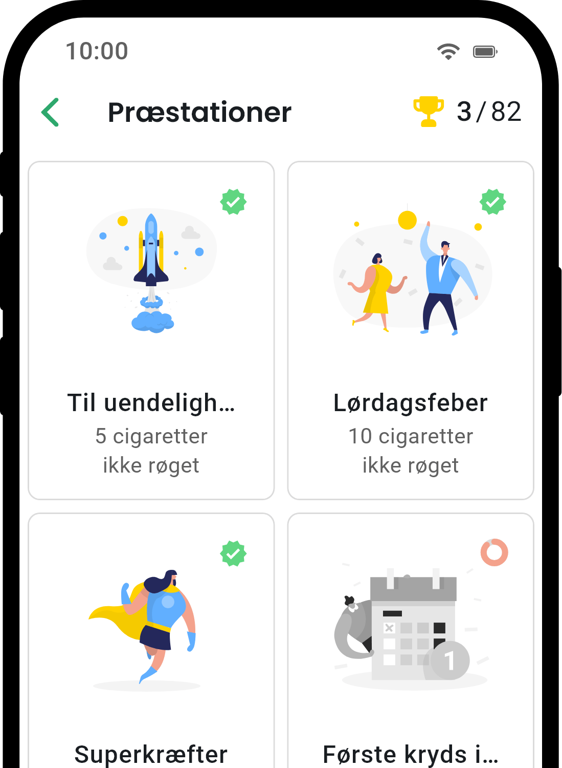 QuitNow app achievements screen showing user progress