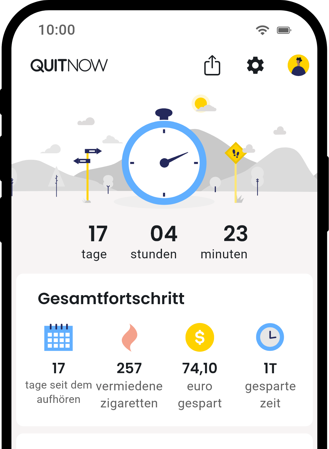 QuitNow App Startbildschirm zeigt Fortschritt beim Rauchstopp
