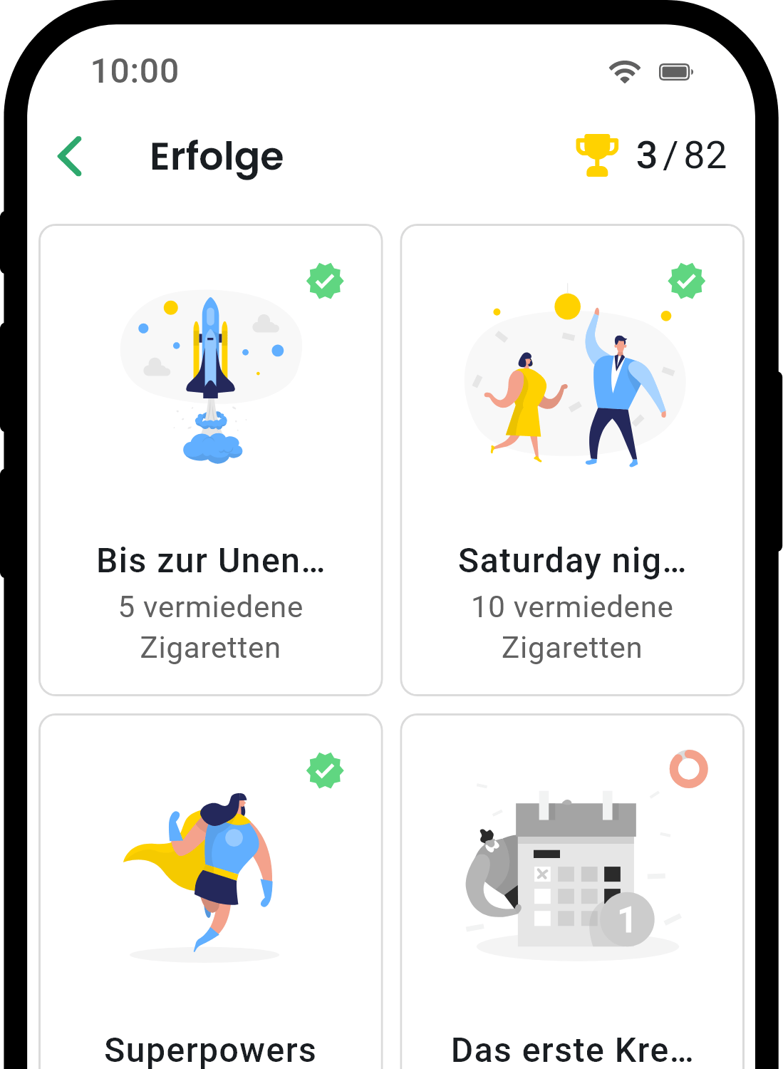 QuitNow App Erfolge-Bildschirm zeigt Benutzerfortschritt