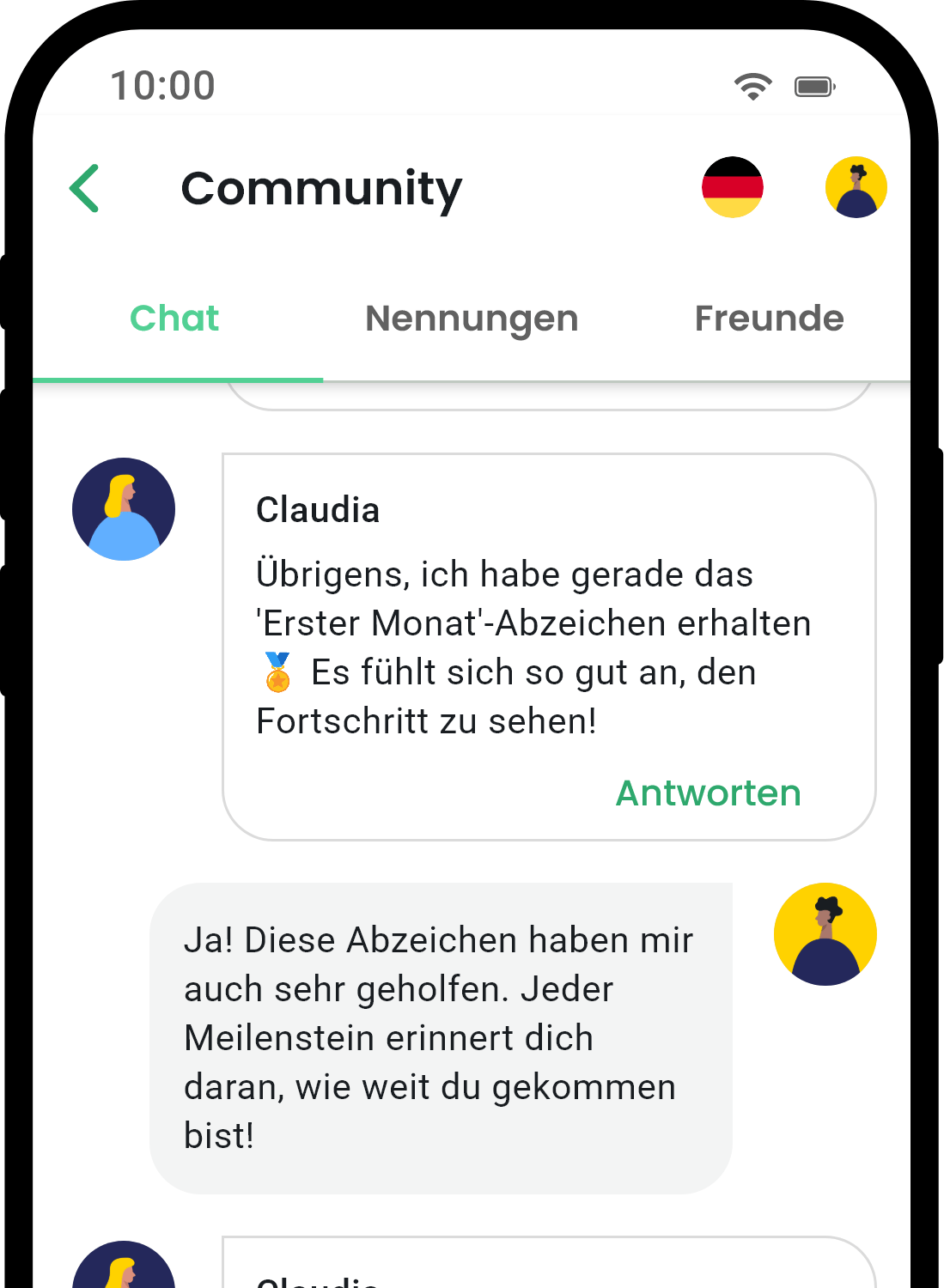 QuitNow App Community-Bildschirm zeigt Benutzerunterstützung