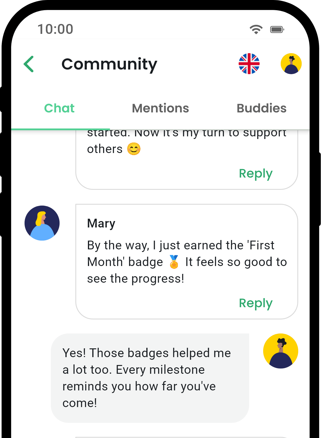 QuitNow app community screen showing user support