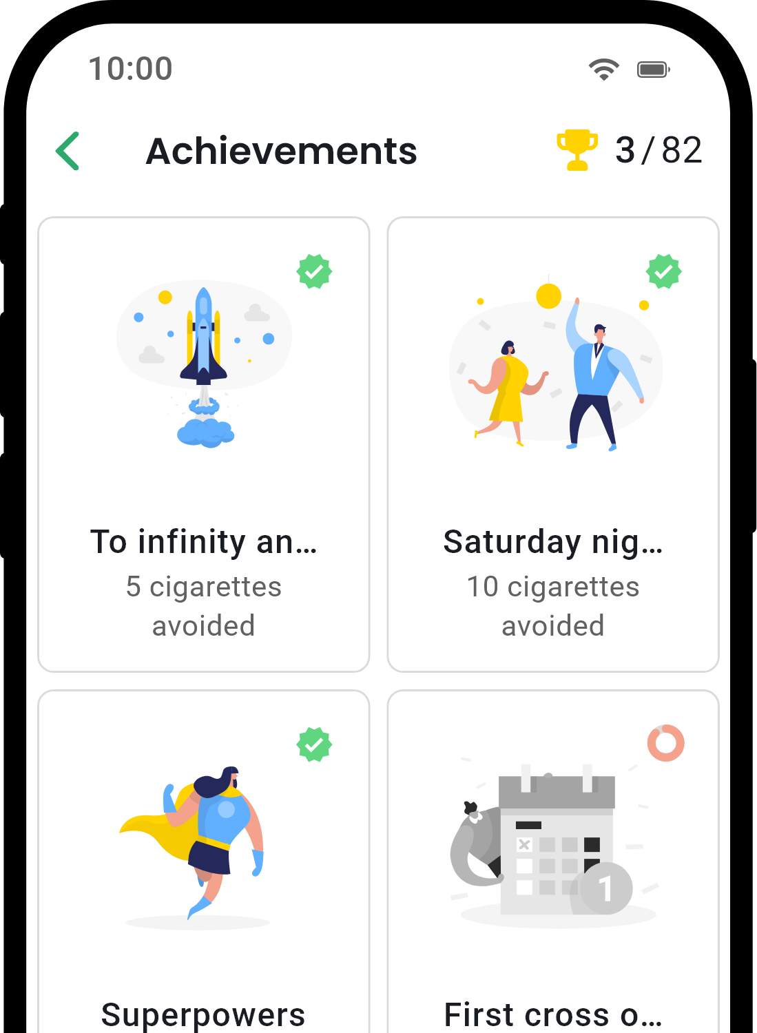 QuitNow app achievements screen showing user progress