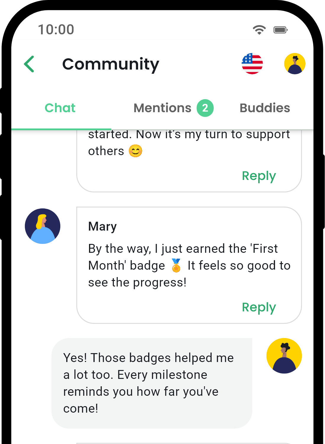 QuitNow app community screen showing user support