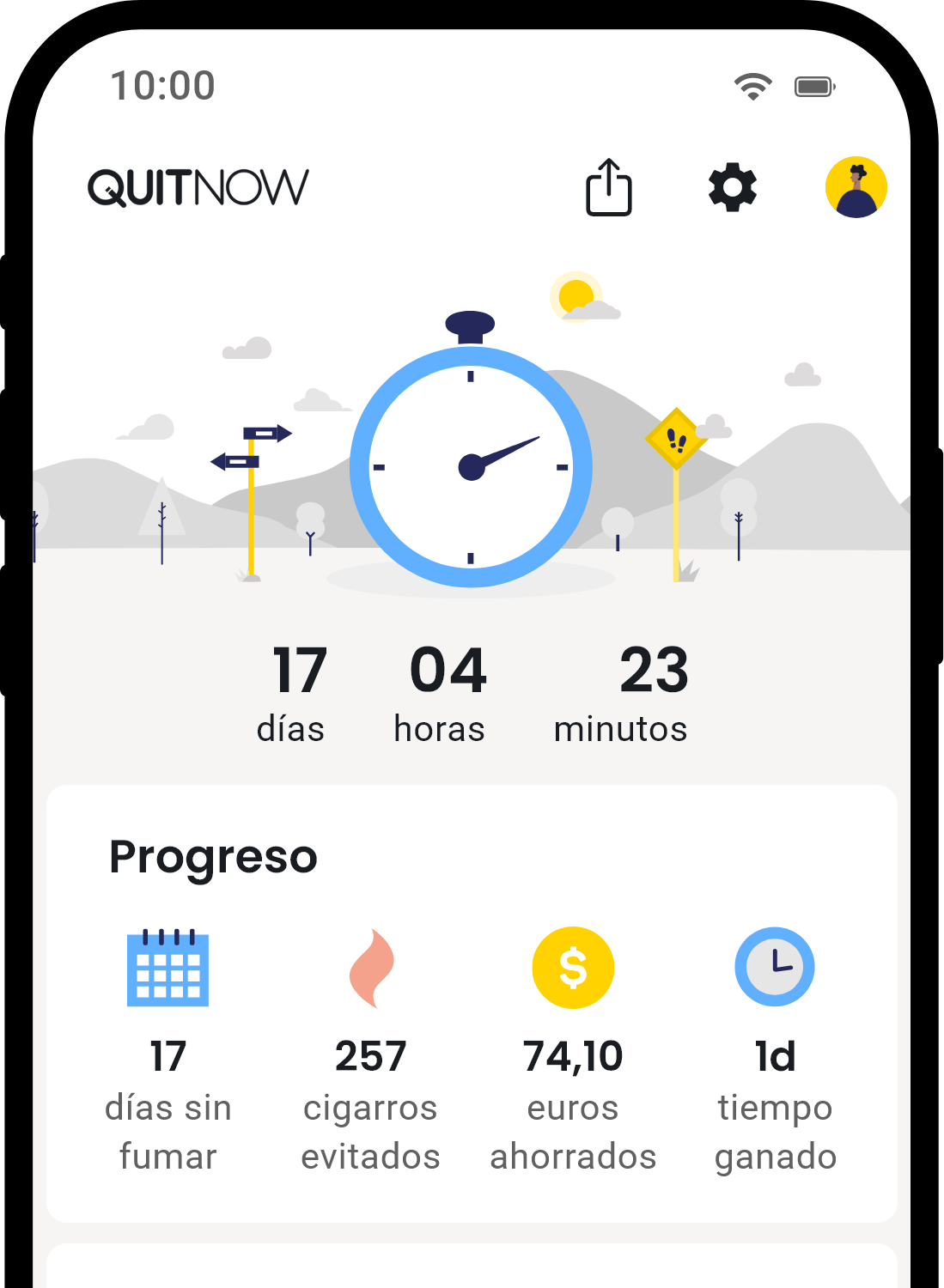 Pantalla de inicio de la aplicación QuitNow mostrando el progreso para dejar de fumar