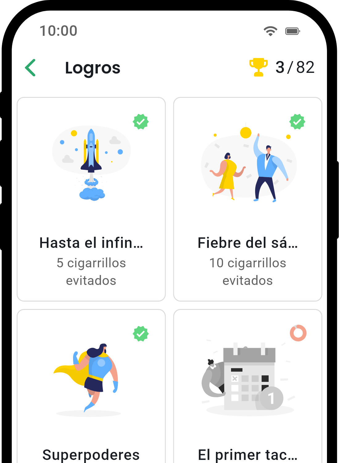 Pantalla de logros de la aplicación QuitNow mostrando el progreso del usuario