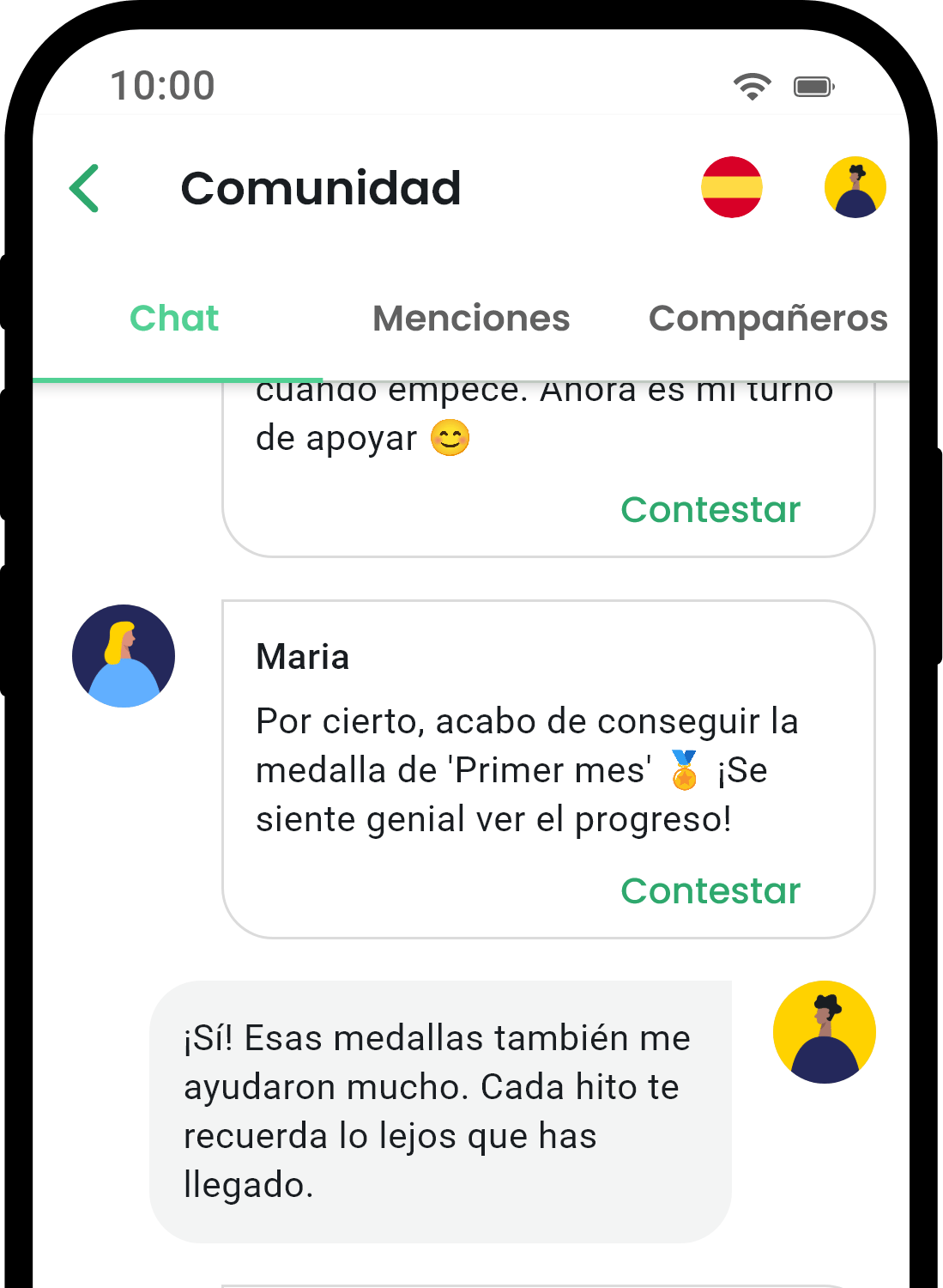 Pantalla de comunidad de la aplicación QuitNow mostrando apoyo de usuarios