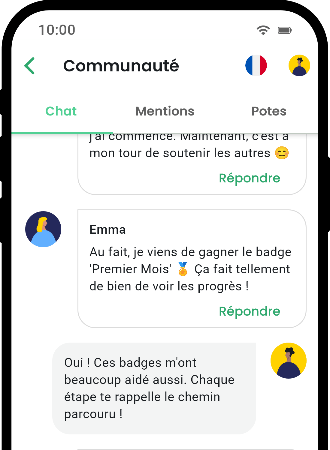 Écran de communauté de l'application QuitNow montrant le soutien des utilisateurs