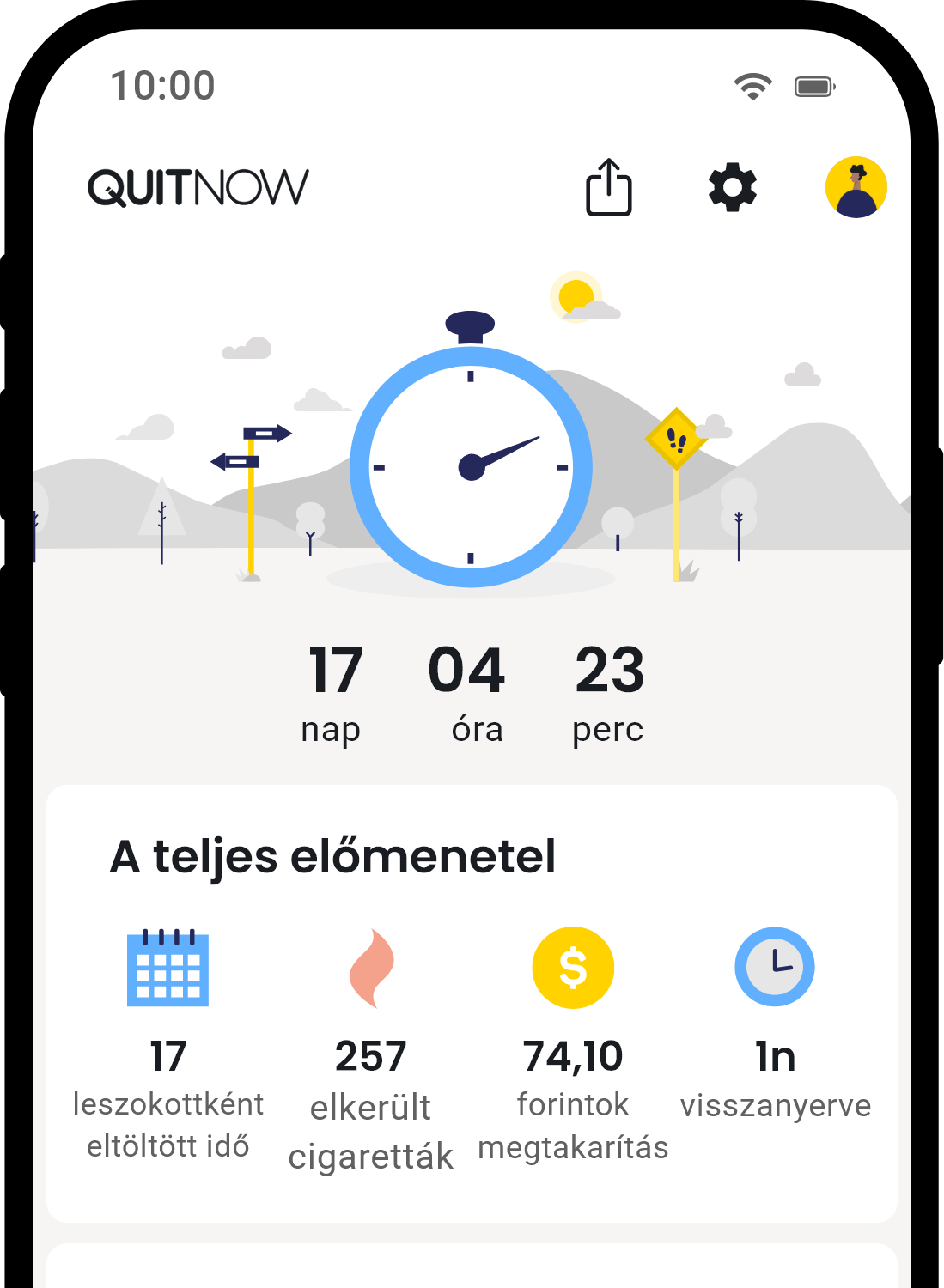 QuitNow app home screen showing quit smoking progress