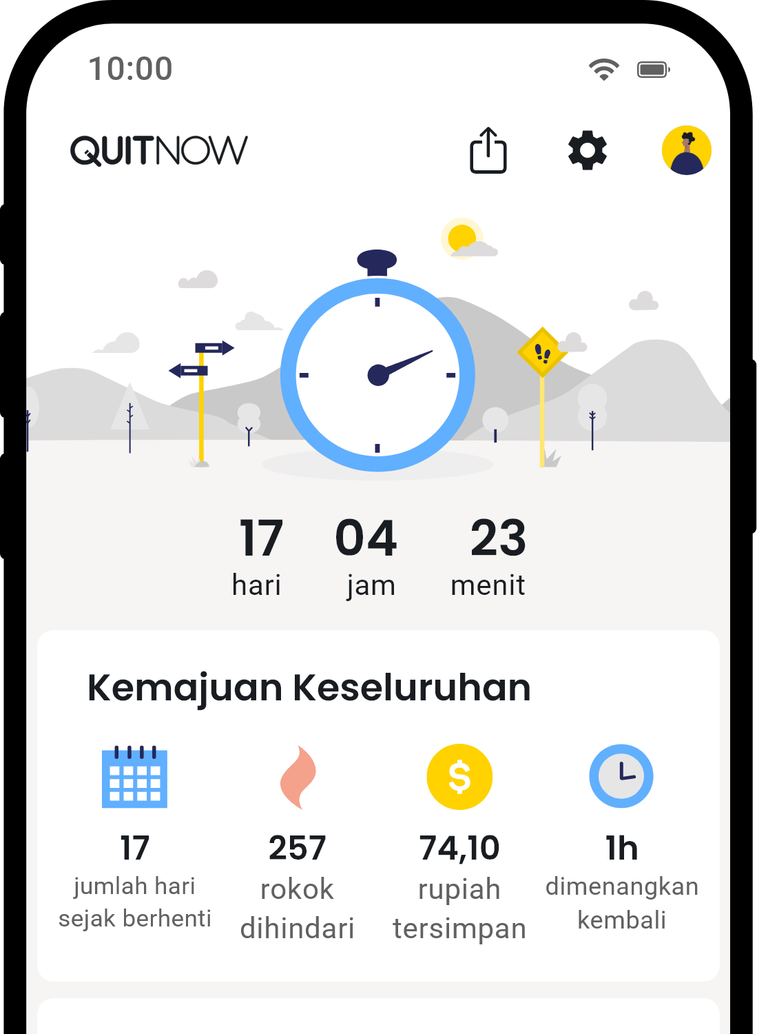 QuitNow app home screen showing quit smoking progress