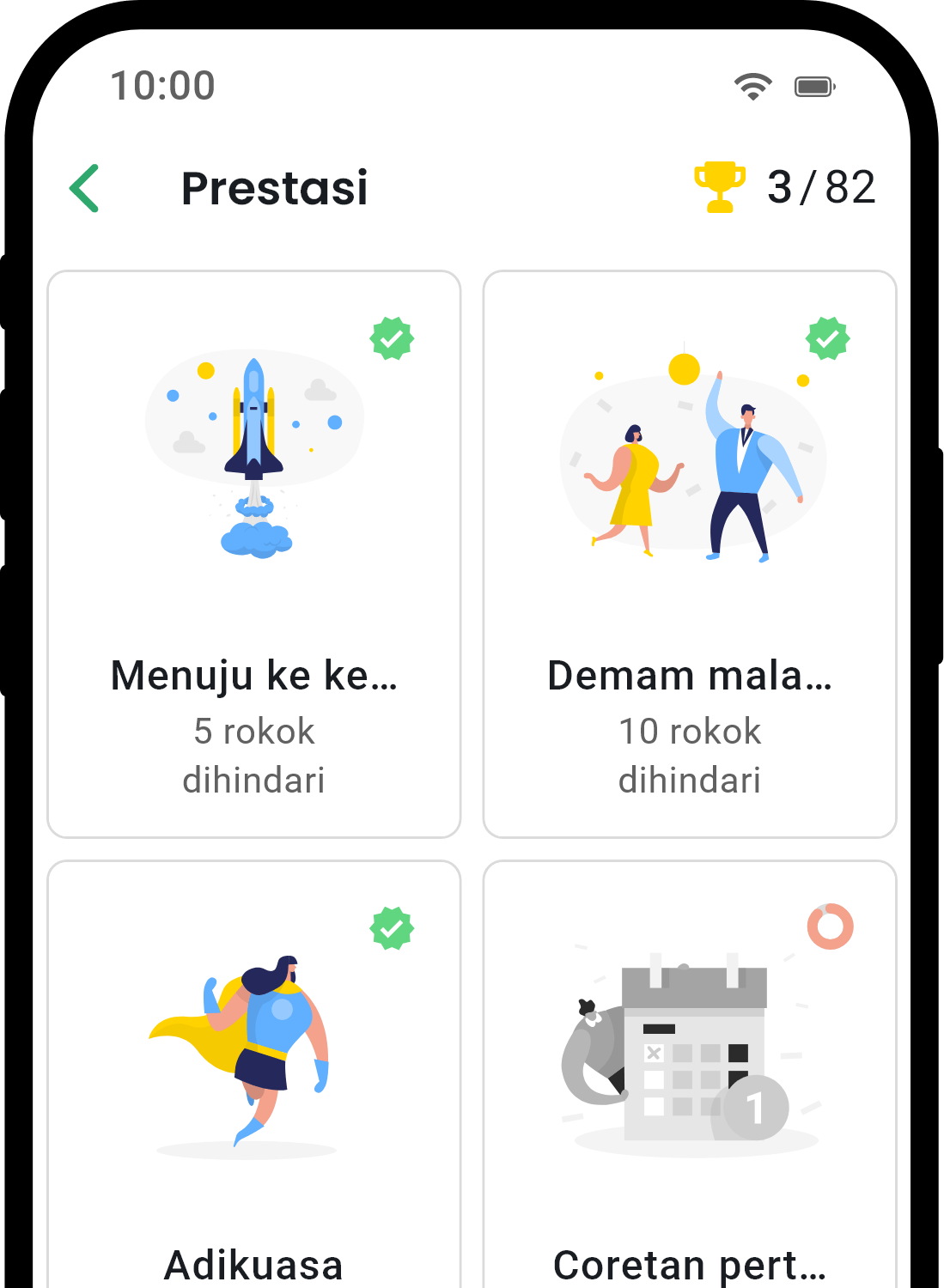 QuitNow app achievements screen showing user progress