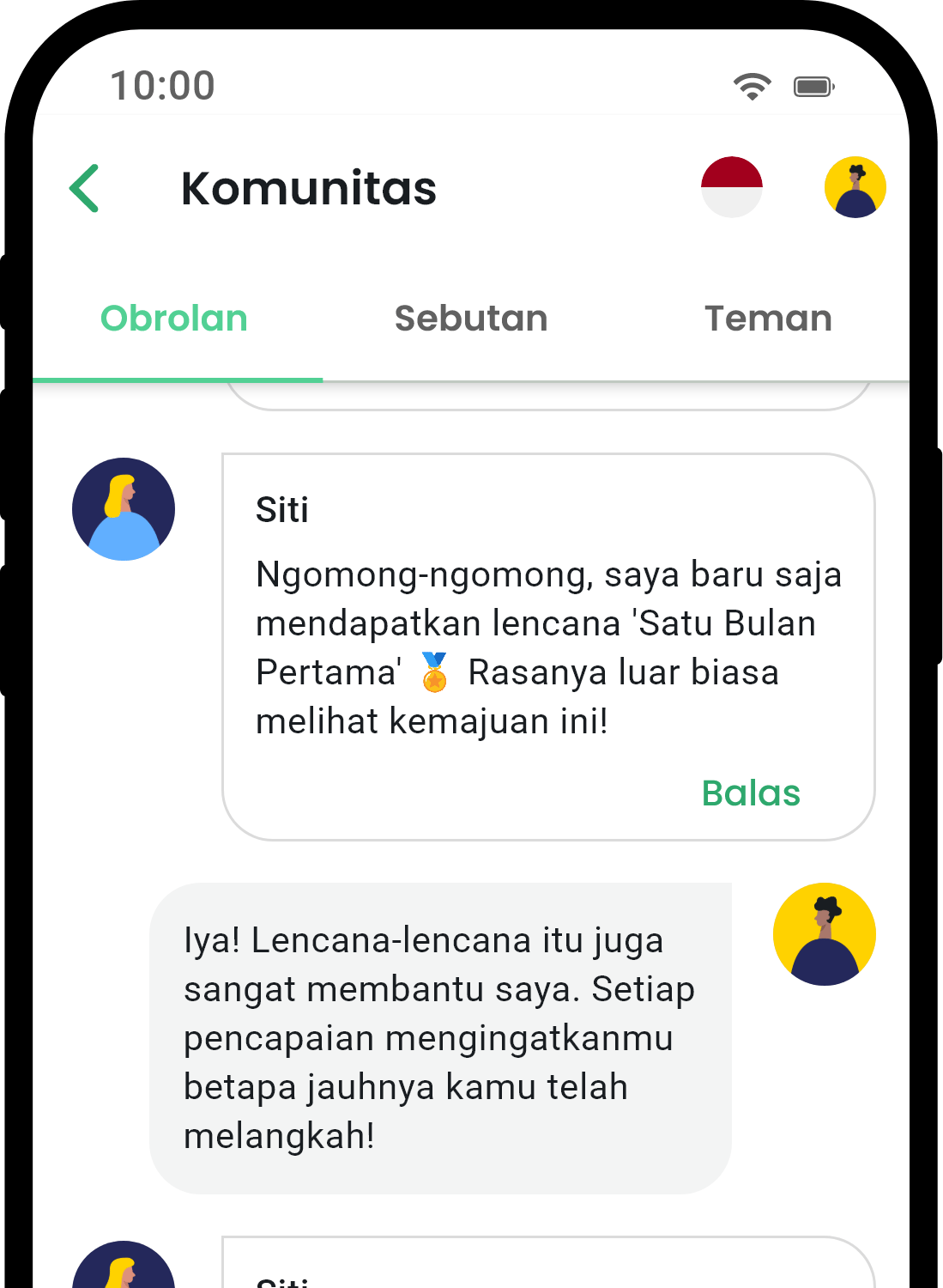 QuitNow app community screen showing user support
