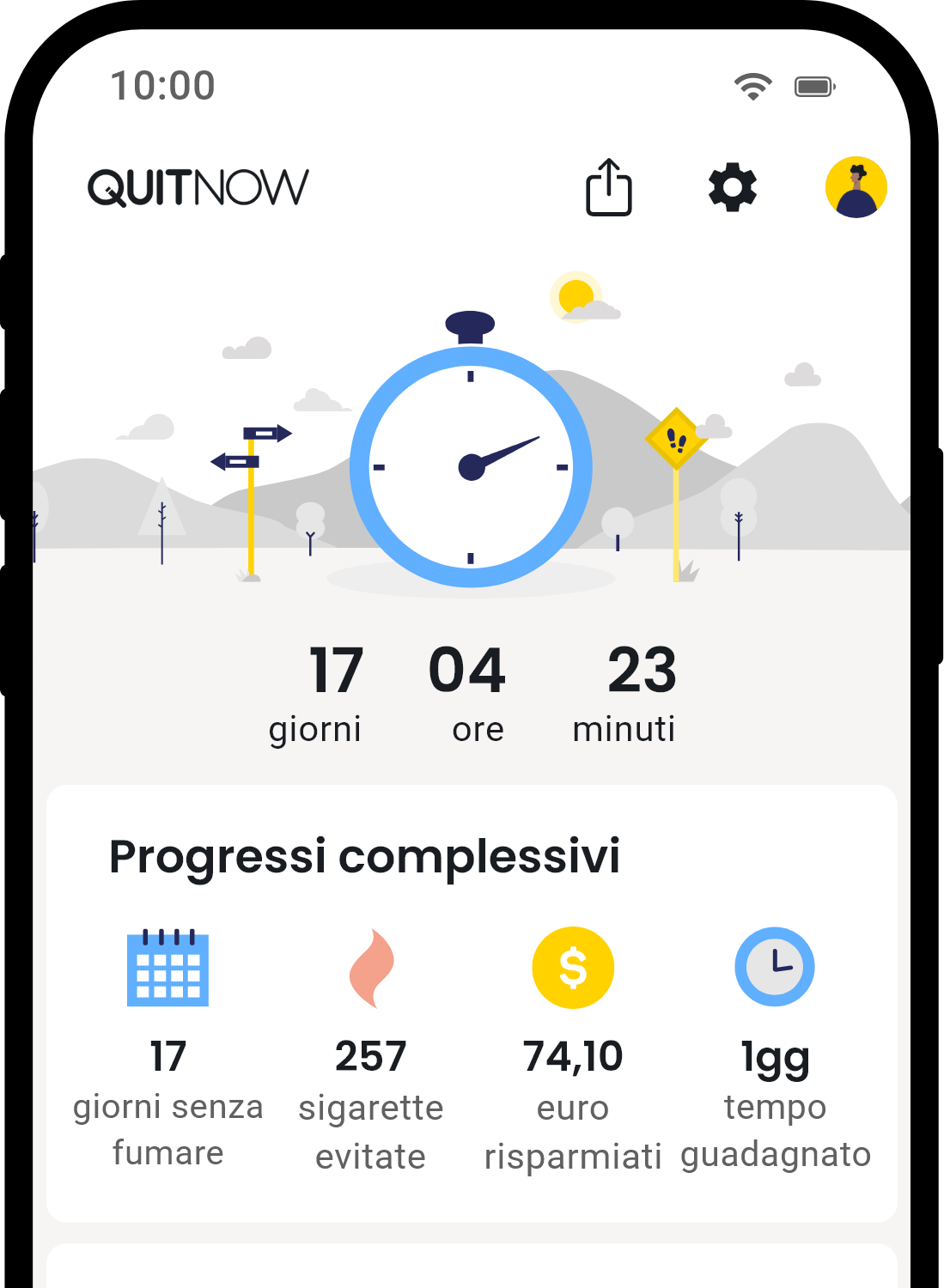 QuitNow app home screen showing quit smoking progress