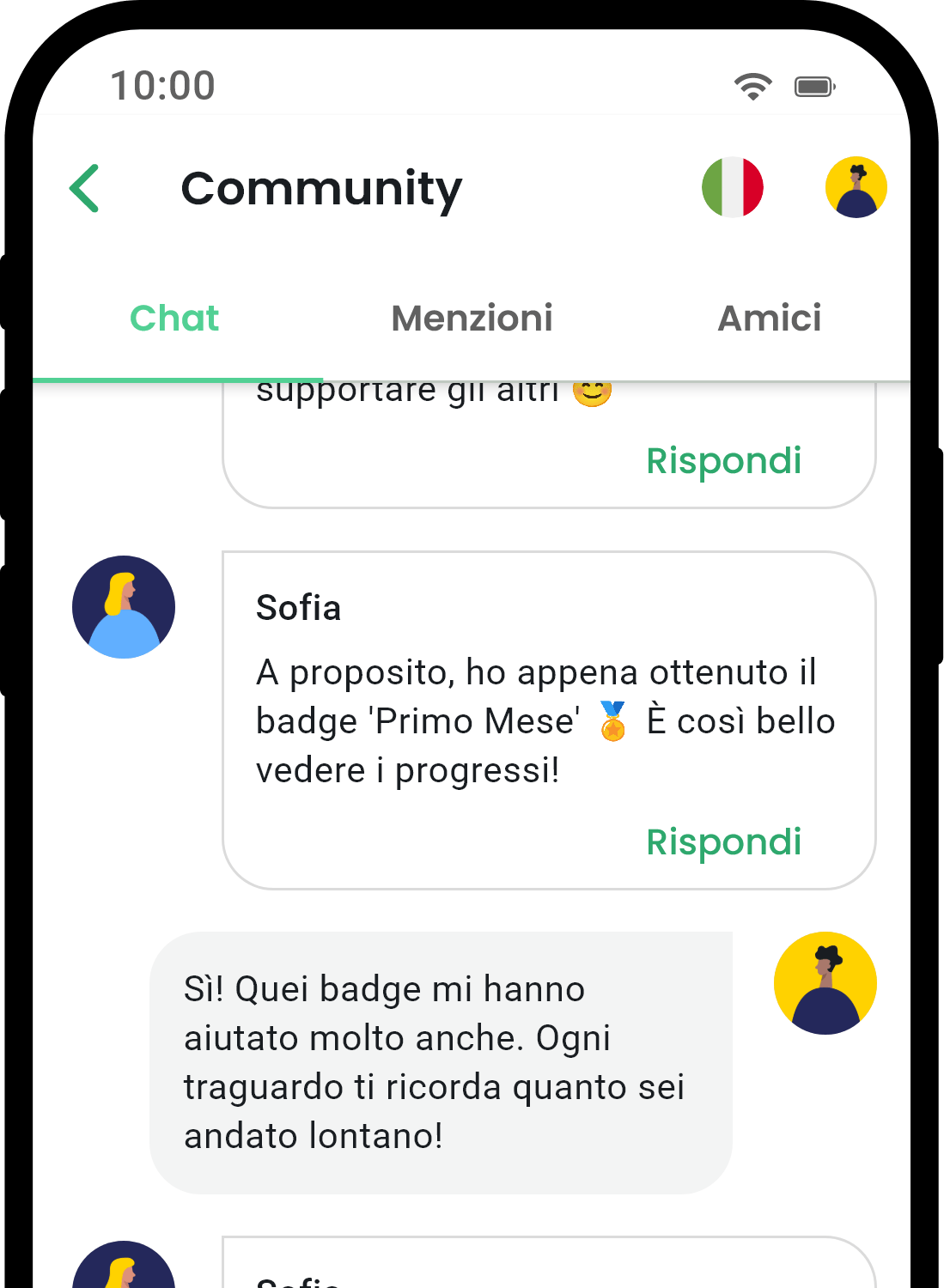 QuitNow app community screen showing user support