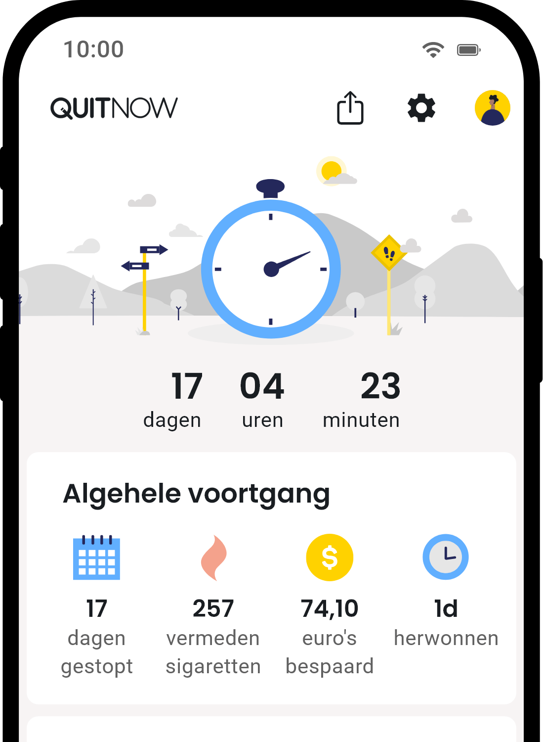 QuitNow app home screen showing quit smoking progress