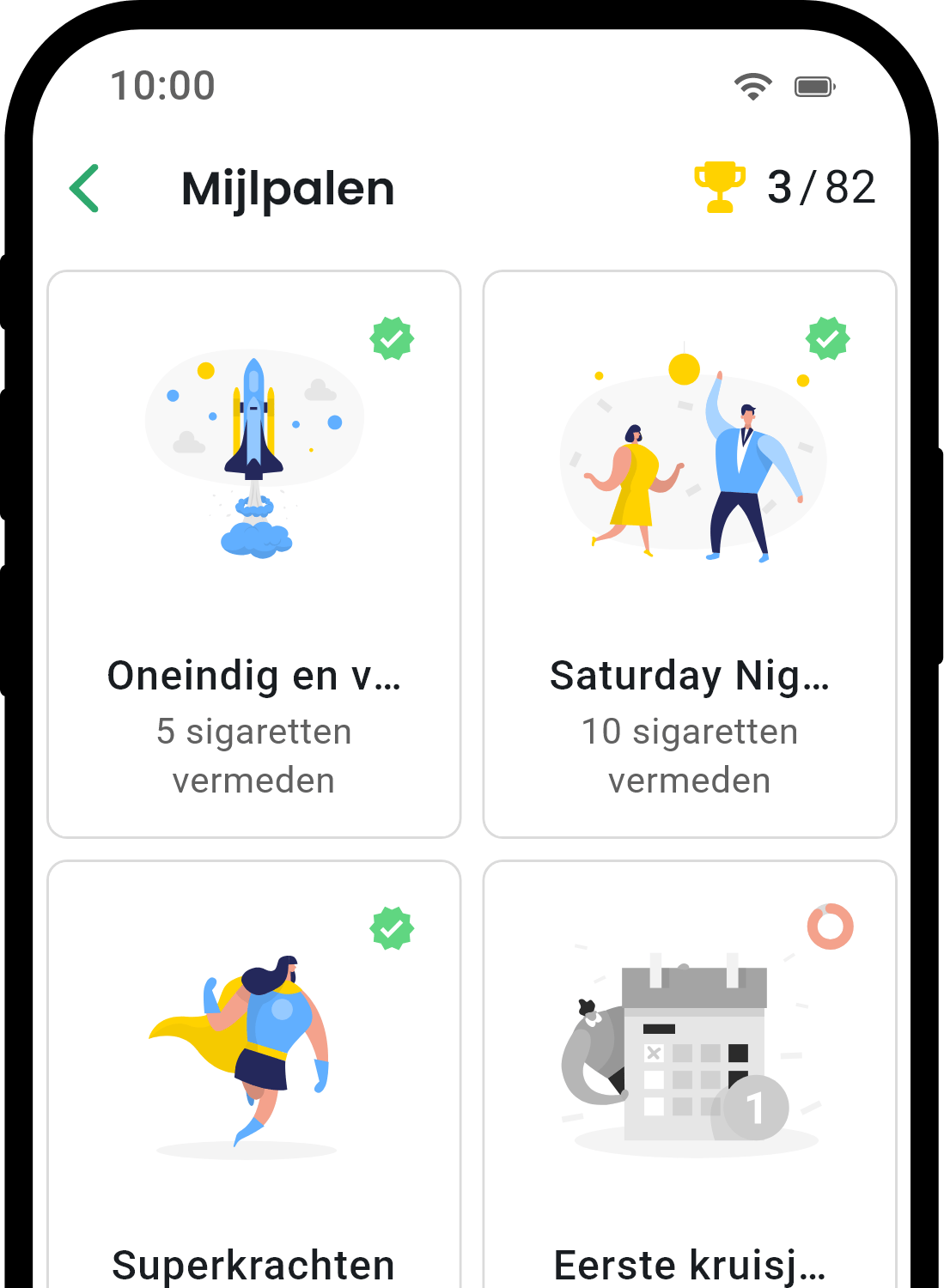QuitNow app achievements screen showing user progress