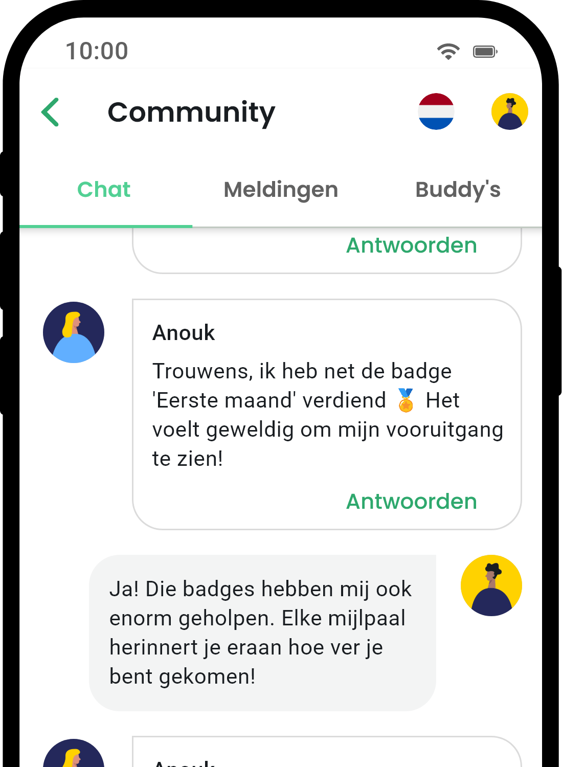 QuitNow app community screen showing user support