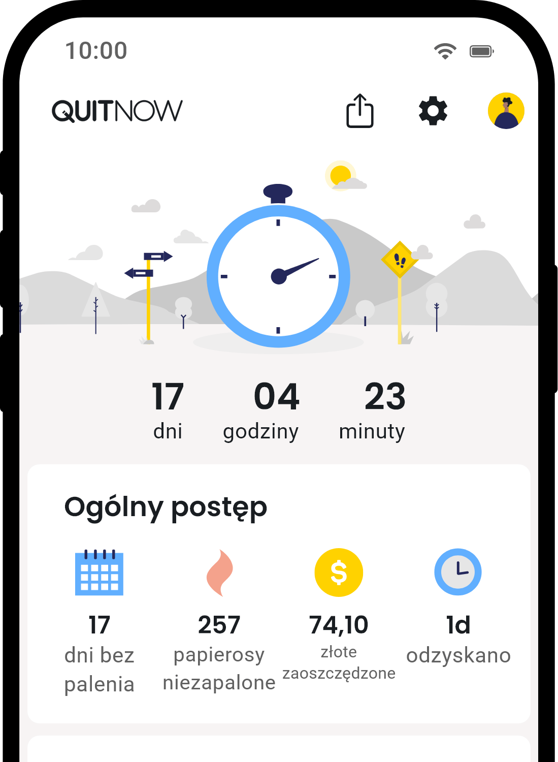 QuitNow app home screen showing quit smoking progress