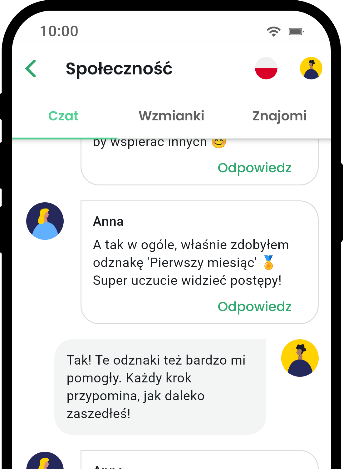 QuitNow app community screen showing user support