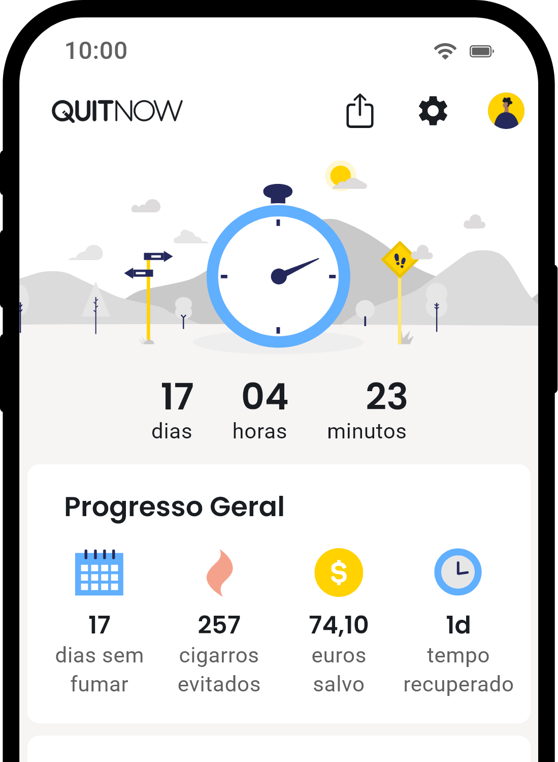 Tela inicial do aplicativo QuitNow mostrando progresso para parar de fumar