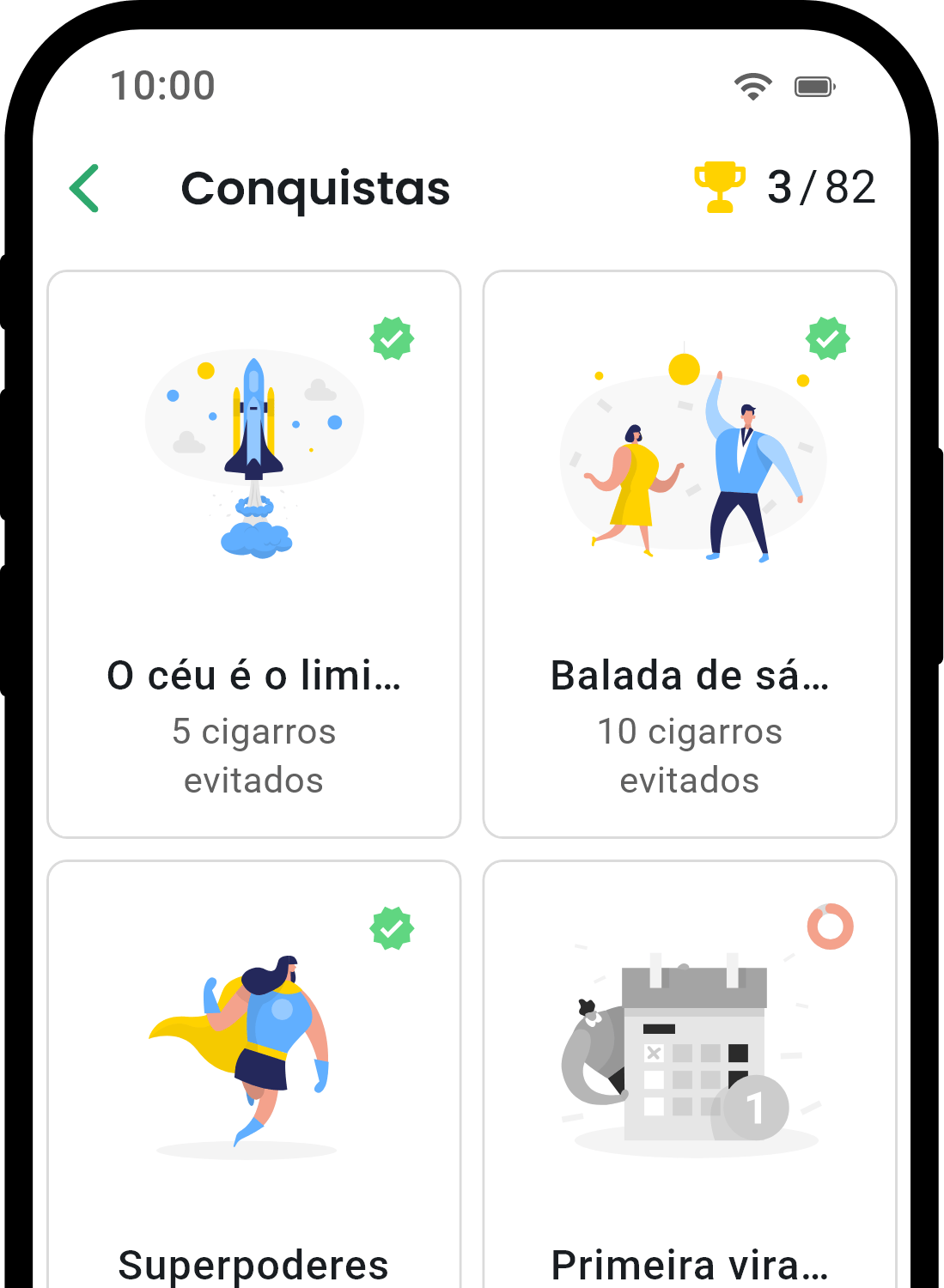 Tela de conquistas do aplicativo QuitNow mostrando progresso do usuário