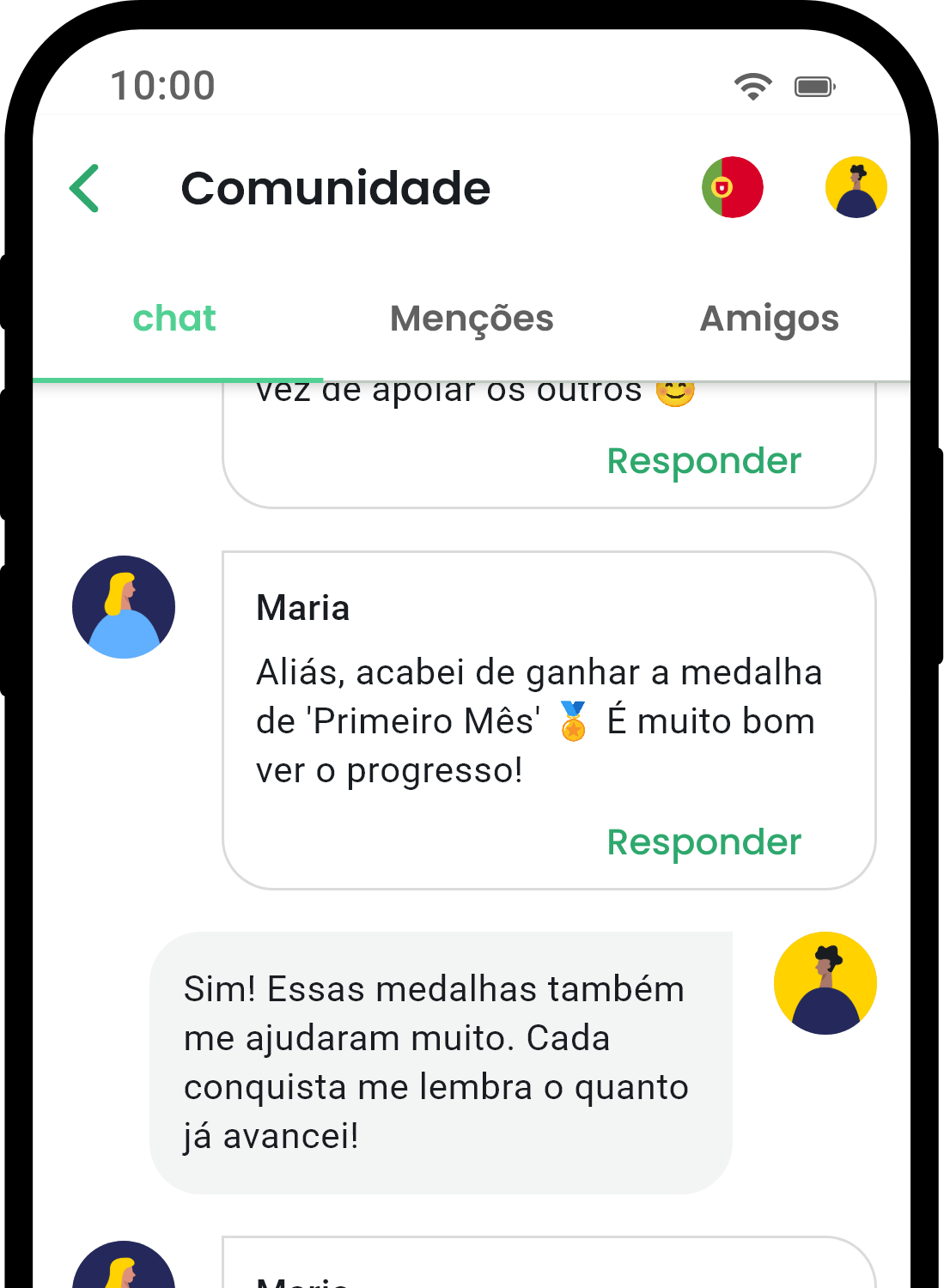 Tela de comunidade do aplicativo QuitNow mostrando suporte do usuário