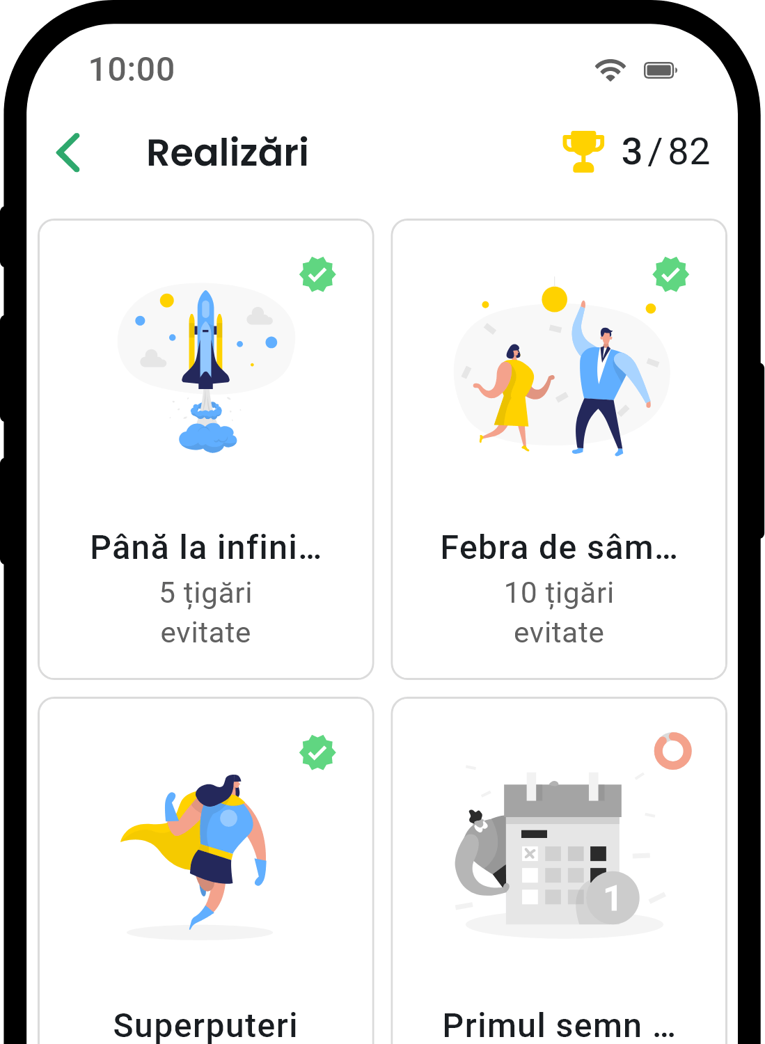 QuitNow app achievements screen showing user progress